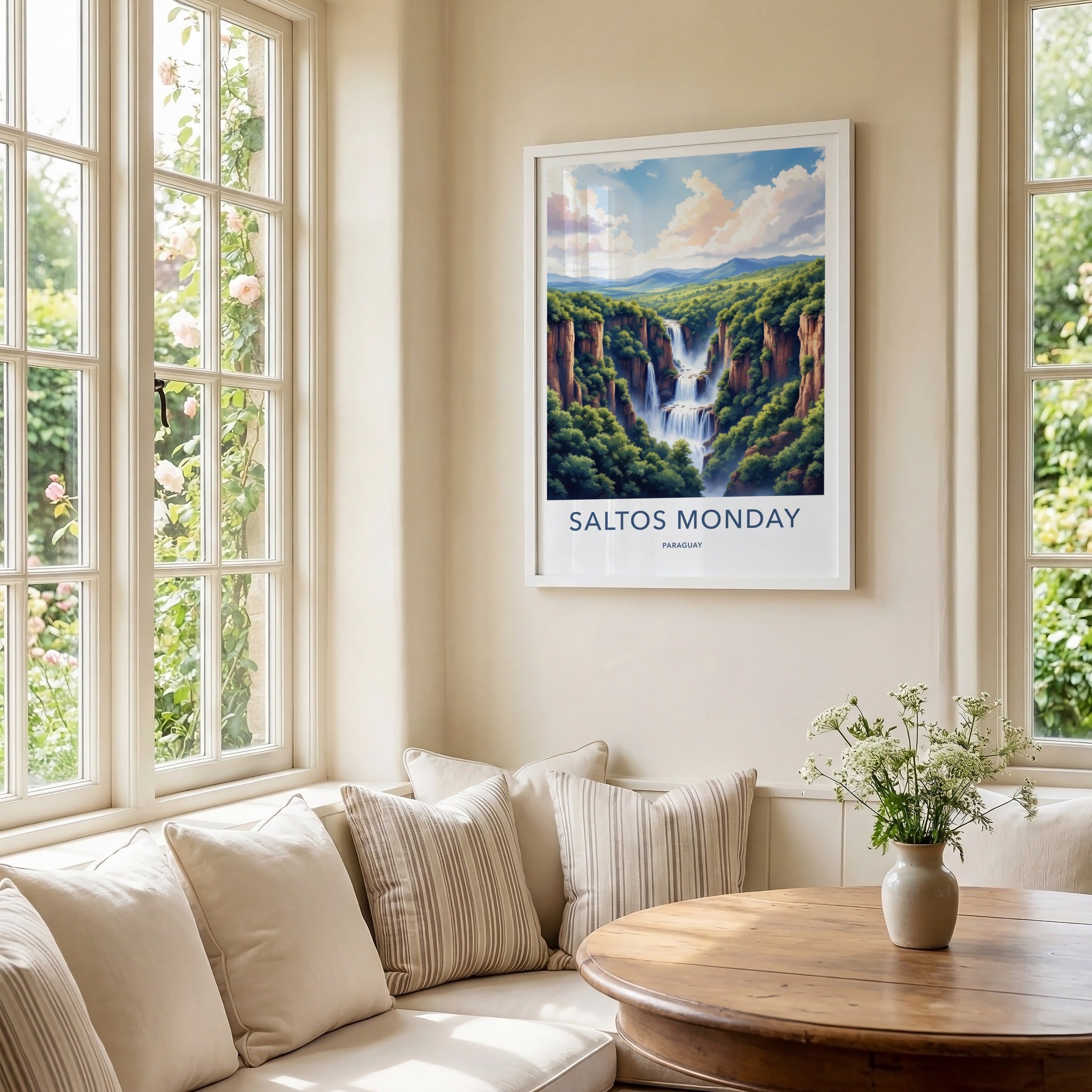 Saltos Monday Poster - Paraguay Travel Art - Majestic Cliff Waterfalls Wall Decor