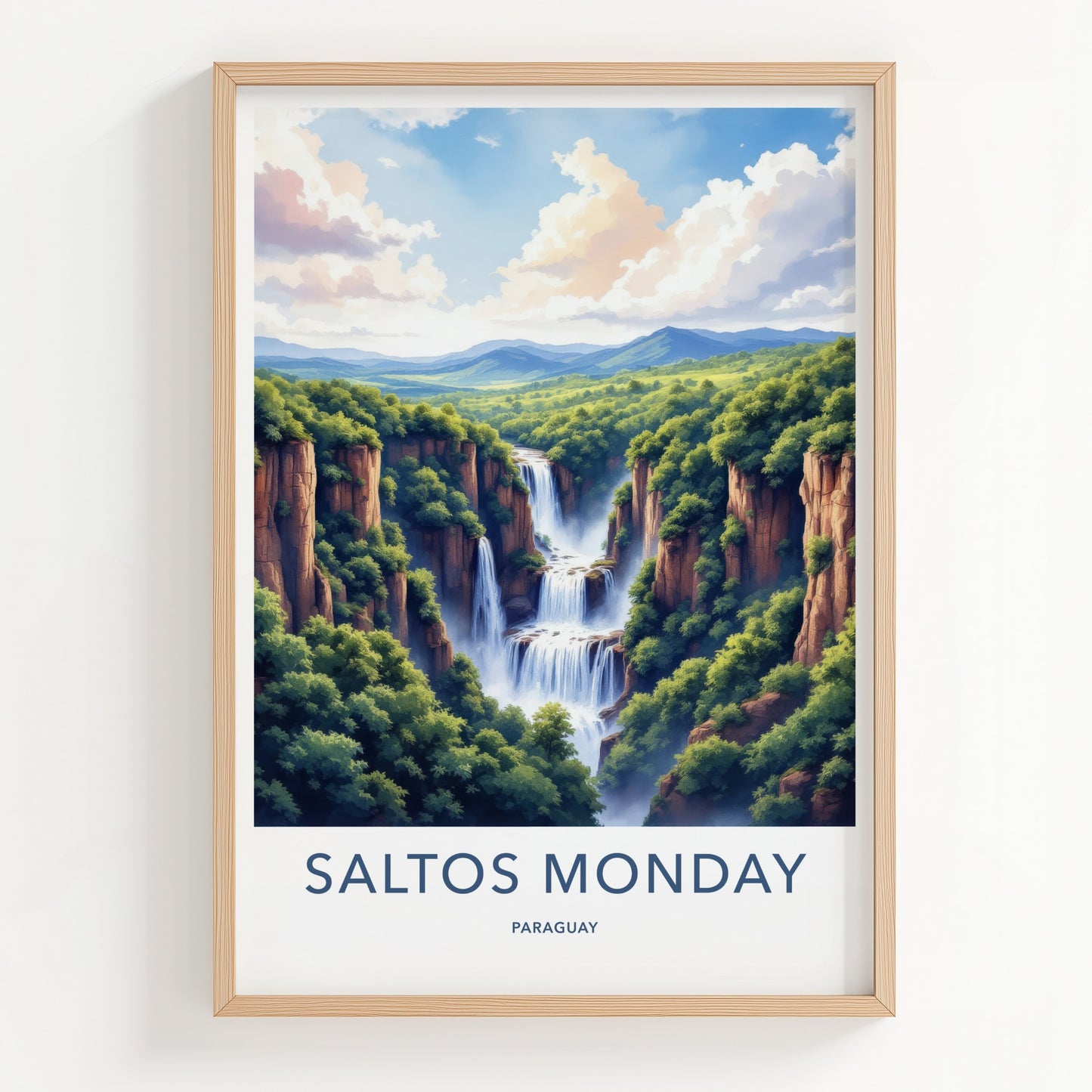 Saltos Monday Poster - Paraguay Travel Art - Majestic Cliff Waterfalls Wall Decor