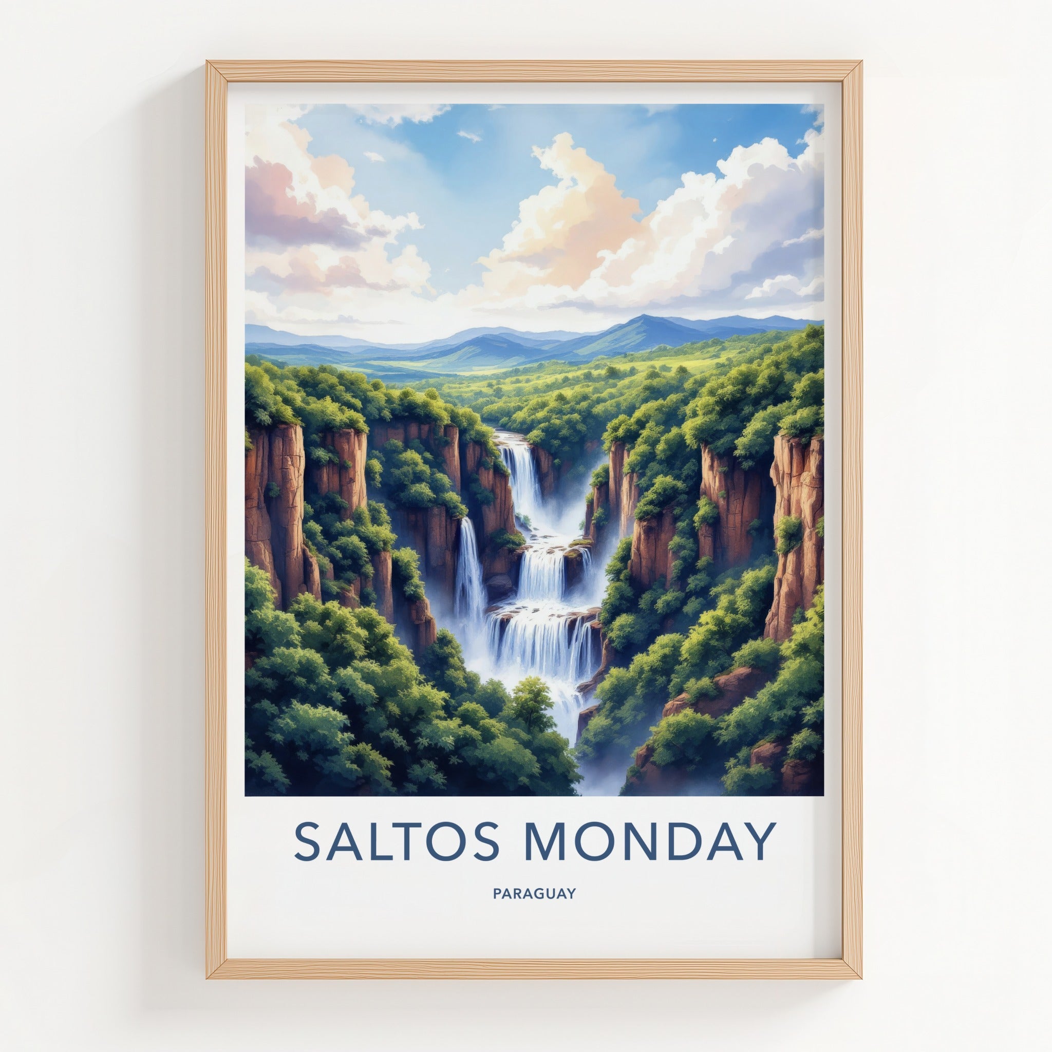 Saltos Monday Poster - Paraguay Travel Art - Majestic Cliff Waterfalls Wall Decor