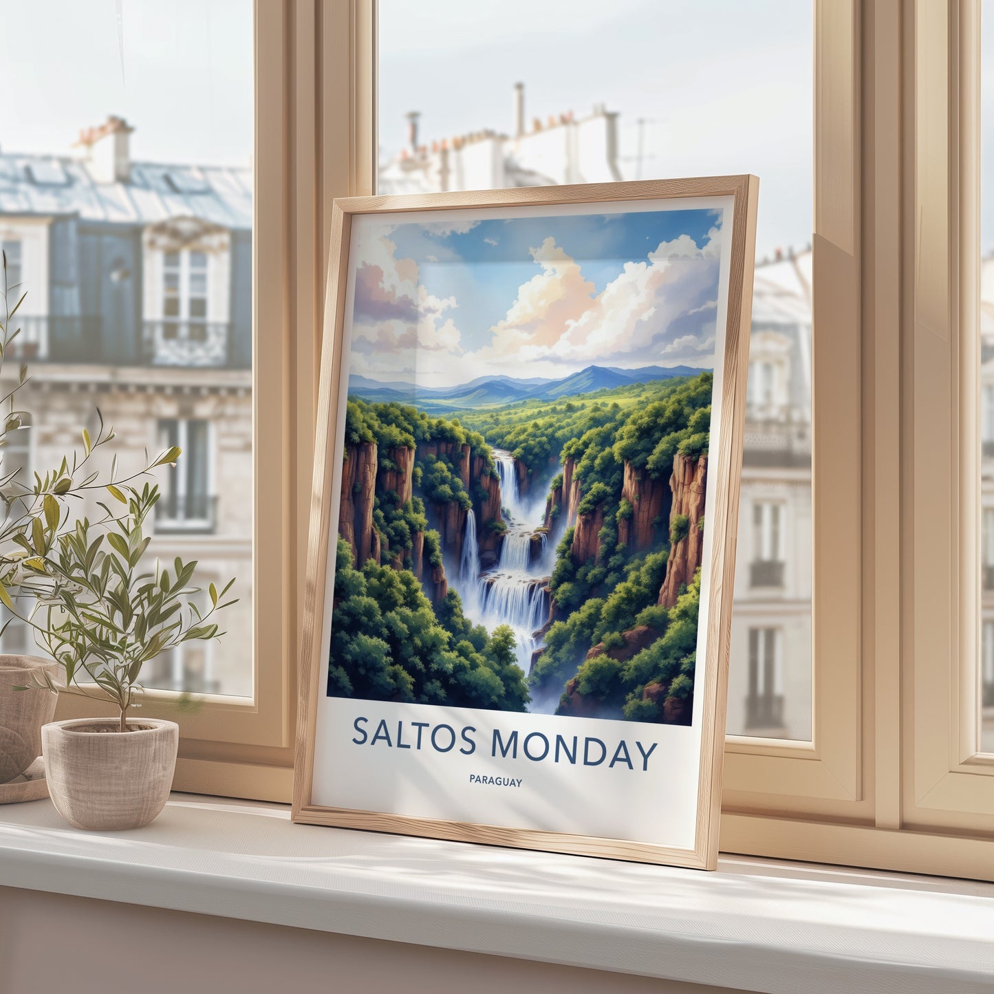 Saltos Monday Poster - Paraguay Travel Art - Majestic Cliff Waterfalls Wall Decor