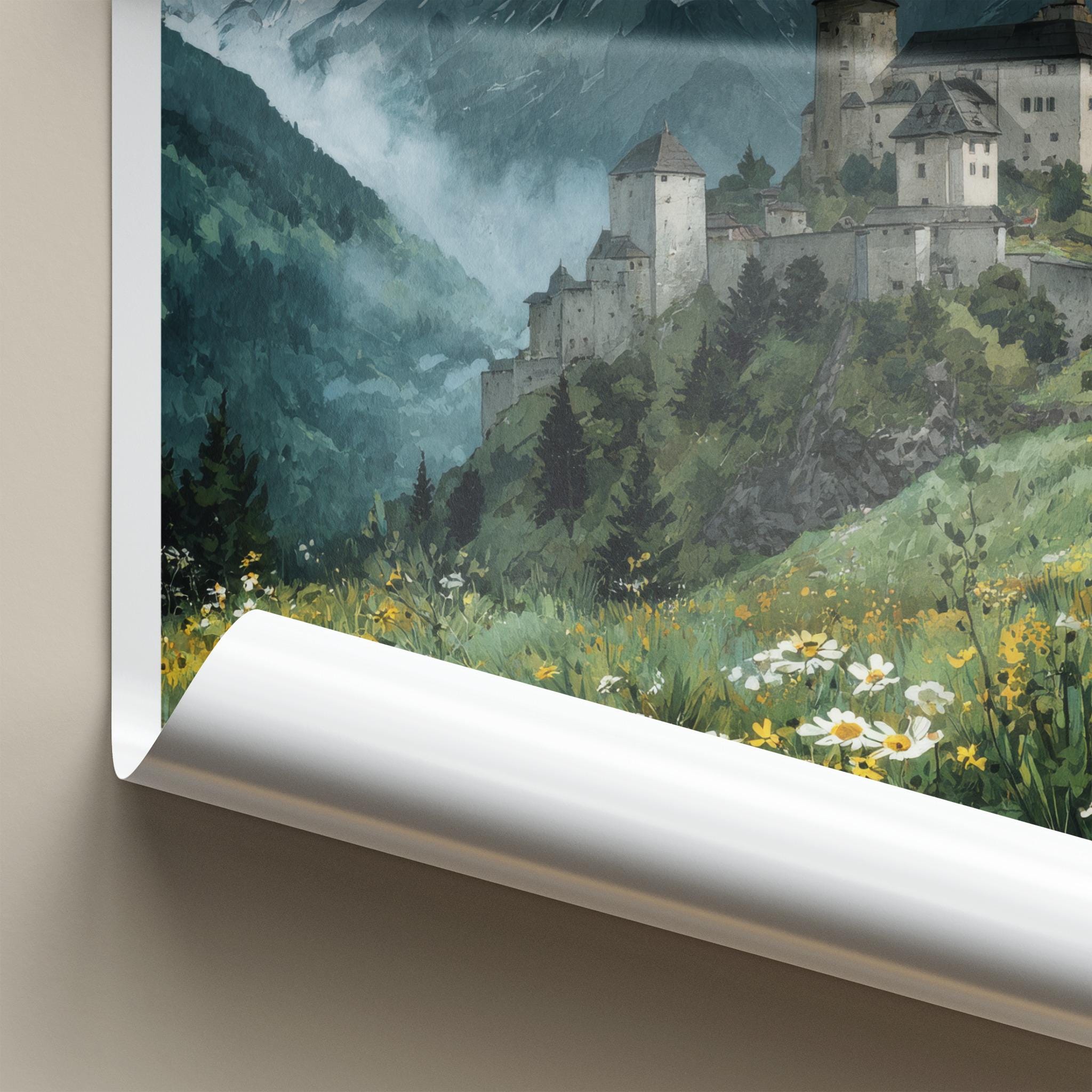 Salzach Valley Poster - Austria Travel Art - Alpine Castle Meadow Home Decor