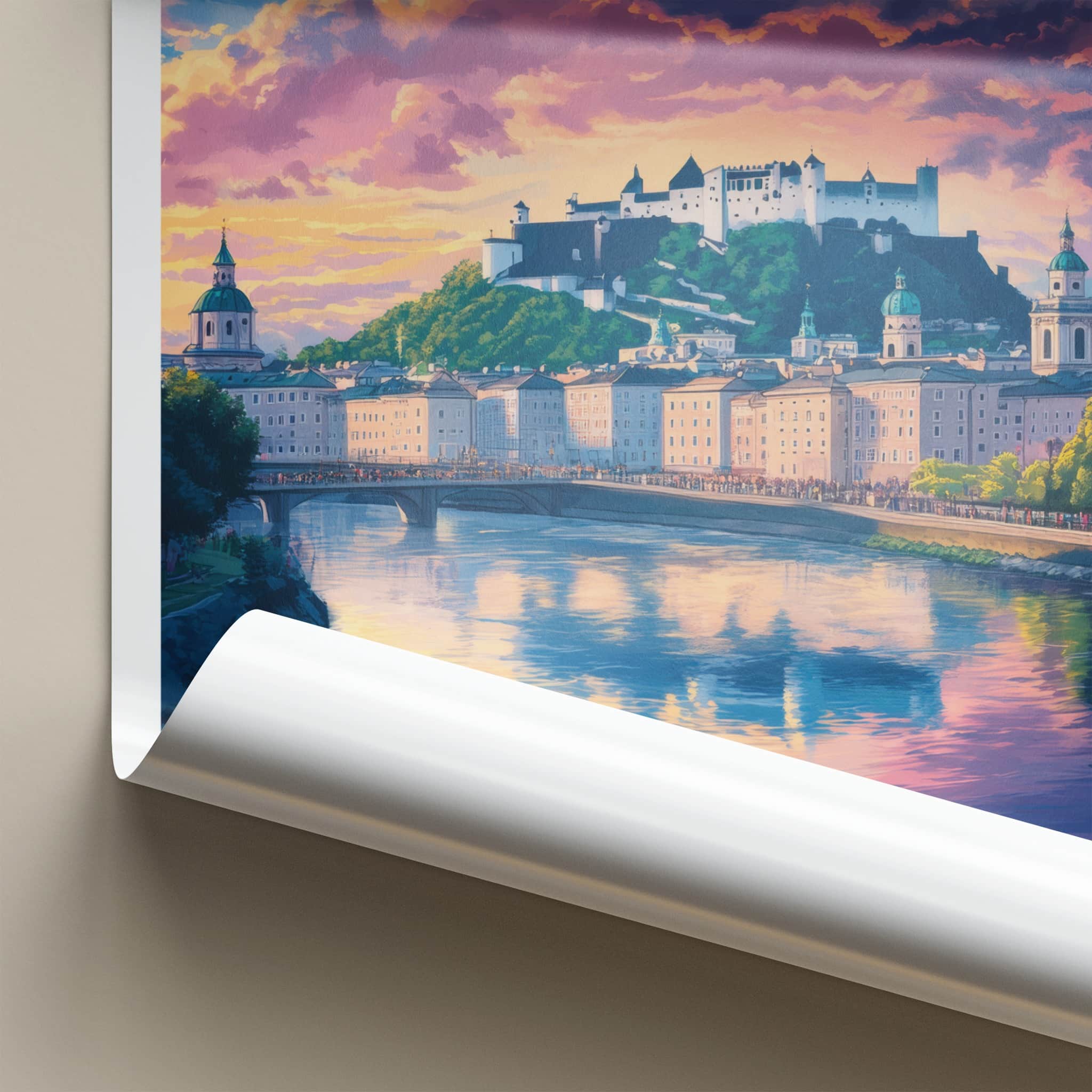 Salzburg Poster - Austria Framed Print - Vibrant Sunset Castle Lounge Decor