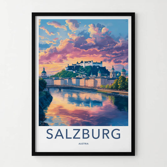 Salzburg Poster - Austria Framed Print - Vibrant Sunset Castle Lounge Decor