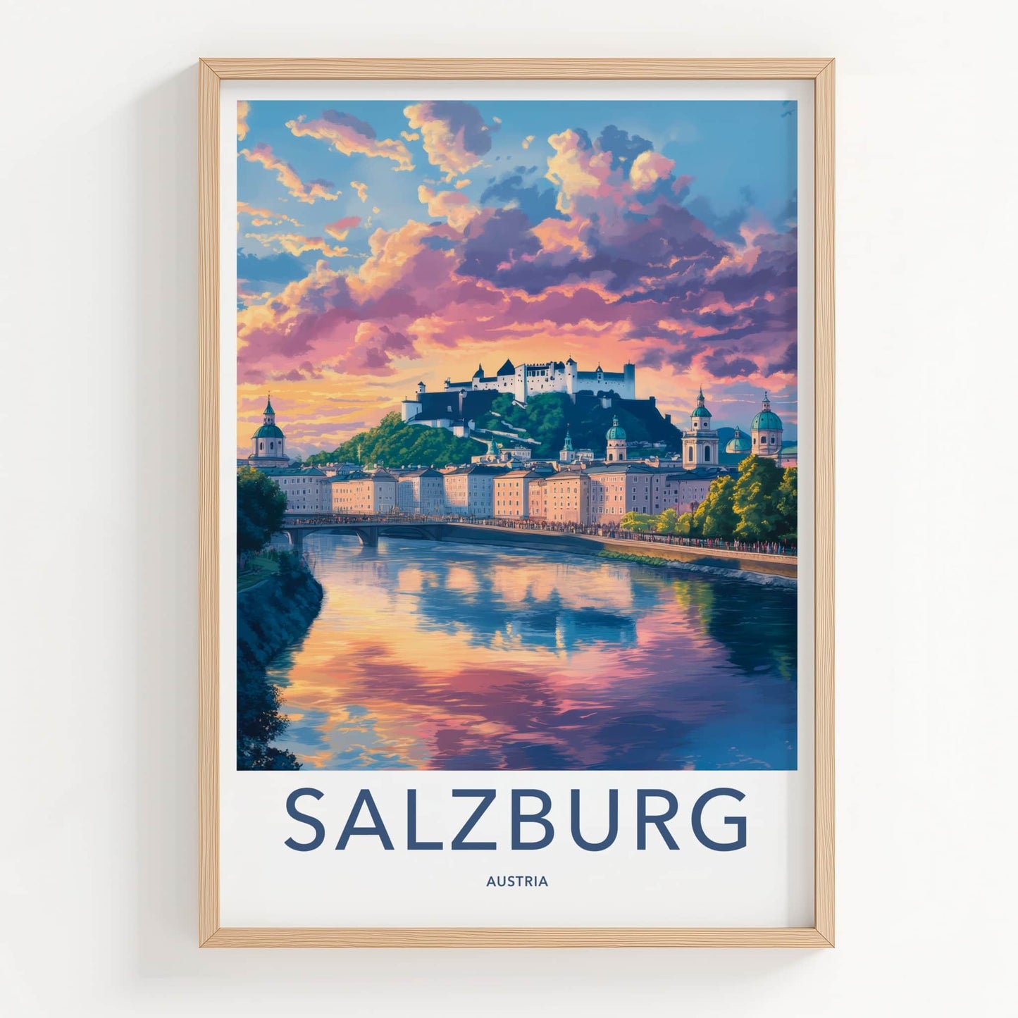 Salzburg Poster - Austria Framed Print - Vibrant Sunset Castle Lounge Decor