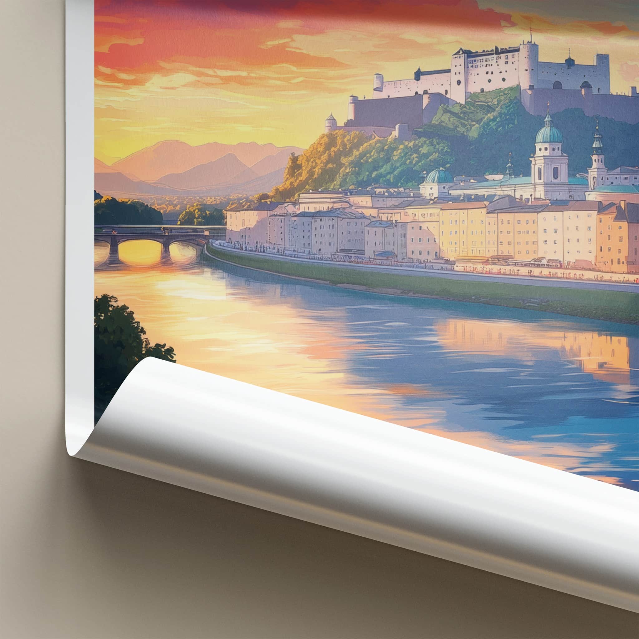 Salzburg Poster - Austria Travel Art - Colorful River Sunset Home Decor