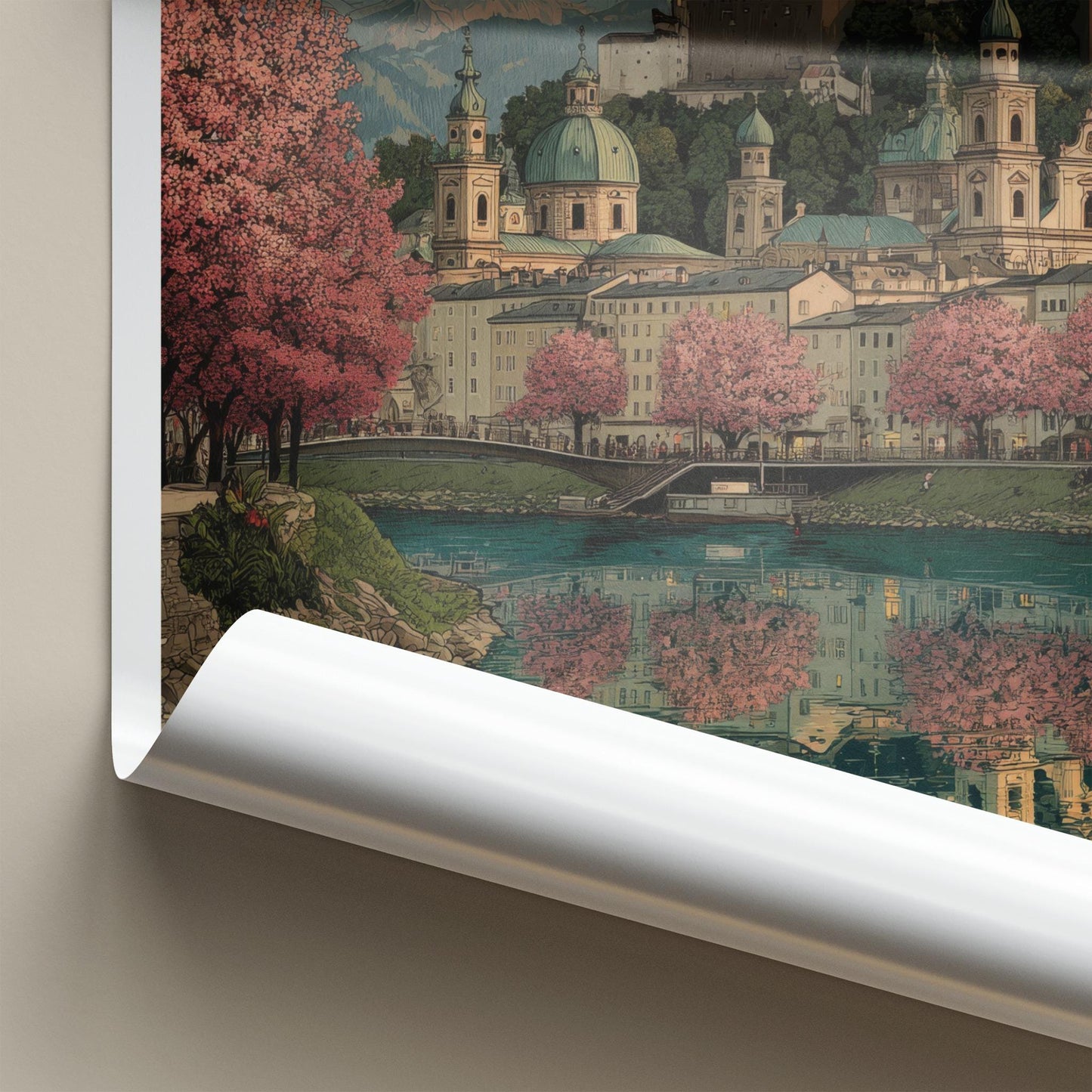 Salzburg Poster - Austria Travel Art - Pink Blossoms Reflection Home Decor