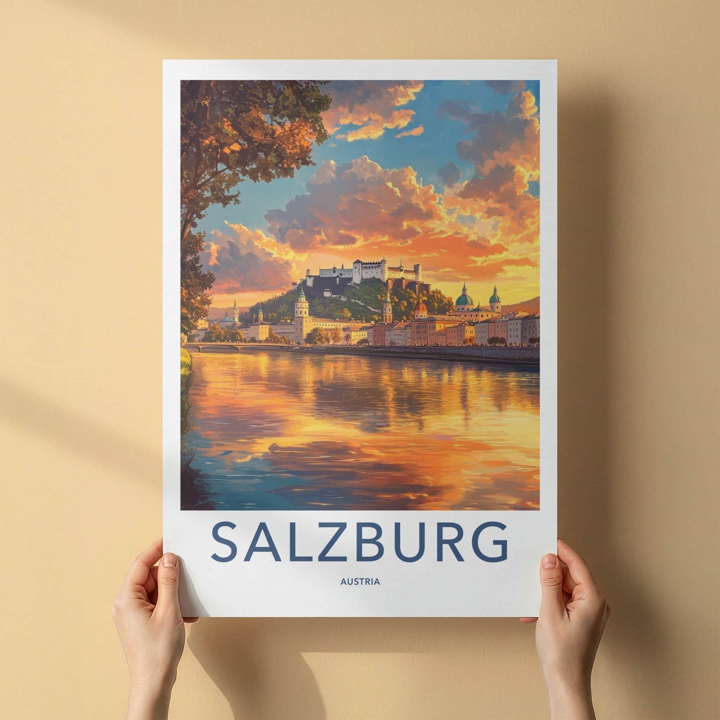 Salzburg Poster - Austria Travel Art - River Castle Sunset Home Decor