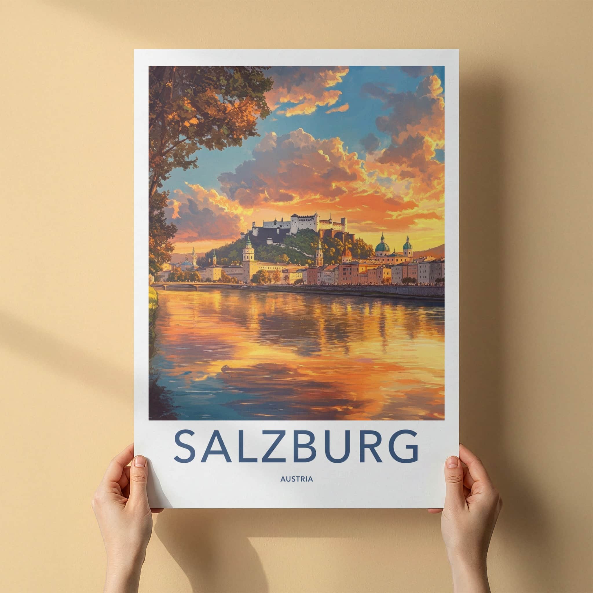 Salzburg Poster - Austria Travel Art - River Castle Sunset Home Decor