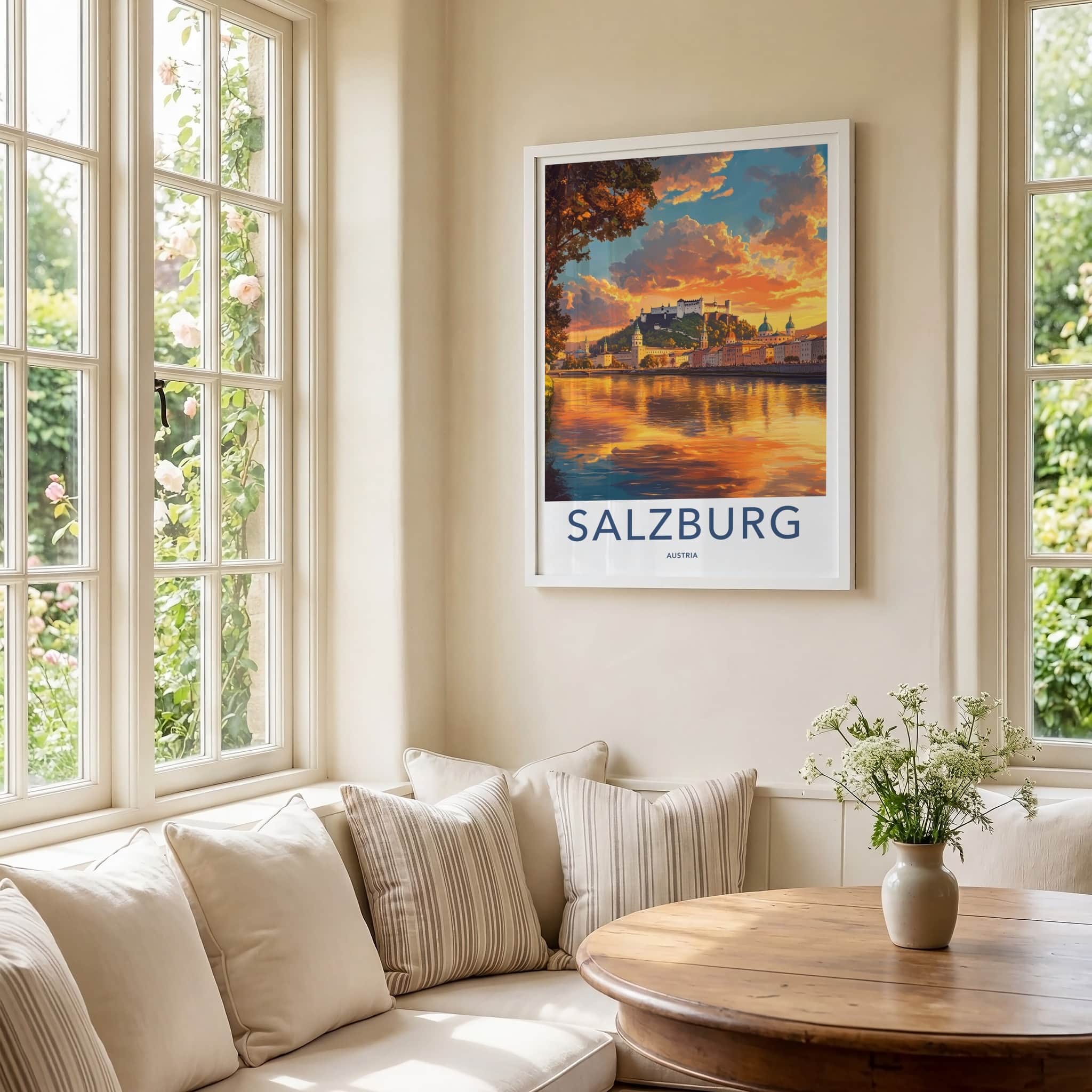 Salzburg Poster - Austria Travel Art - River Castle Sunset Home Decor