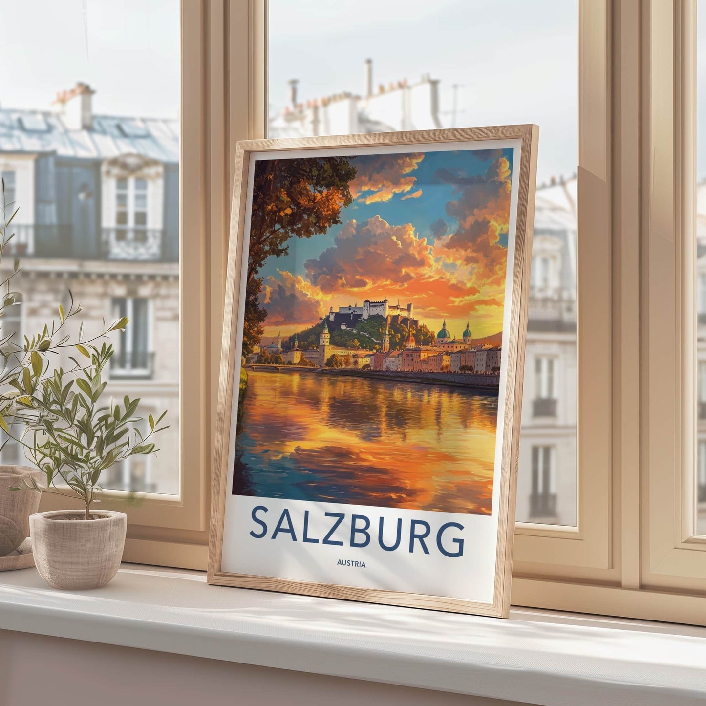 Salzburg Poster - Austria Travel Art - River Castle Sunset Home Decor