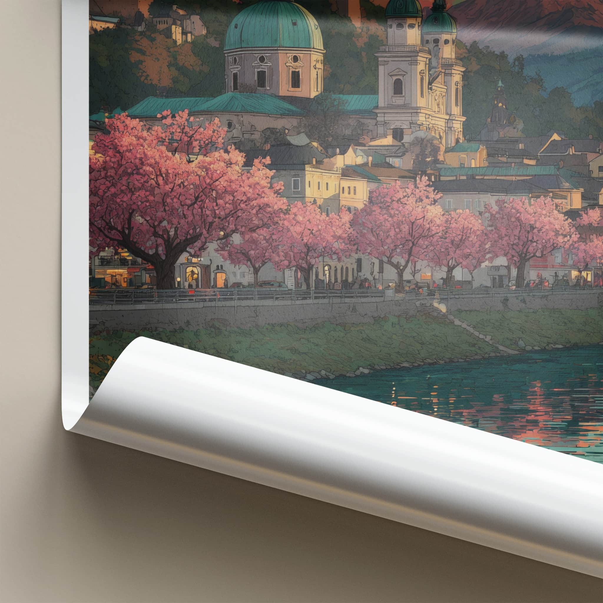Salzburg Poster - Austria Travel Art - Riverside Cherry Blossoms Home Decor