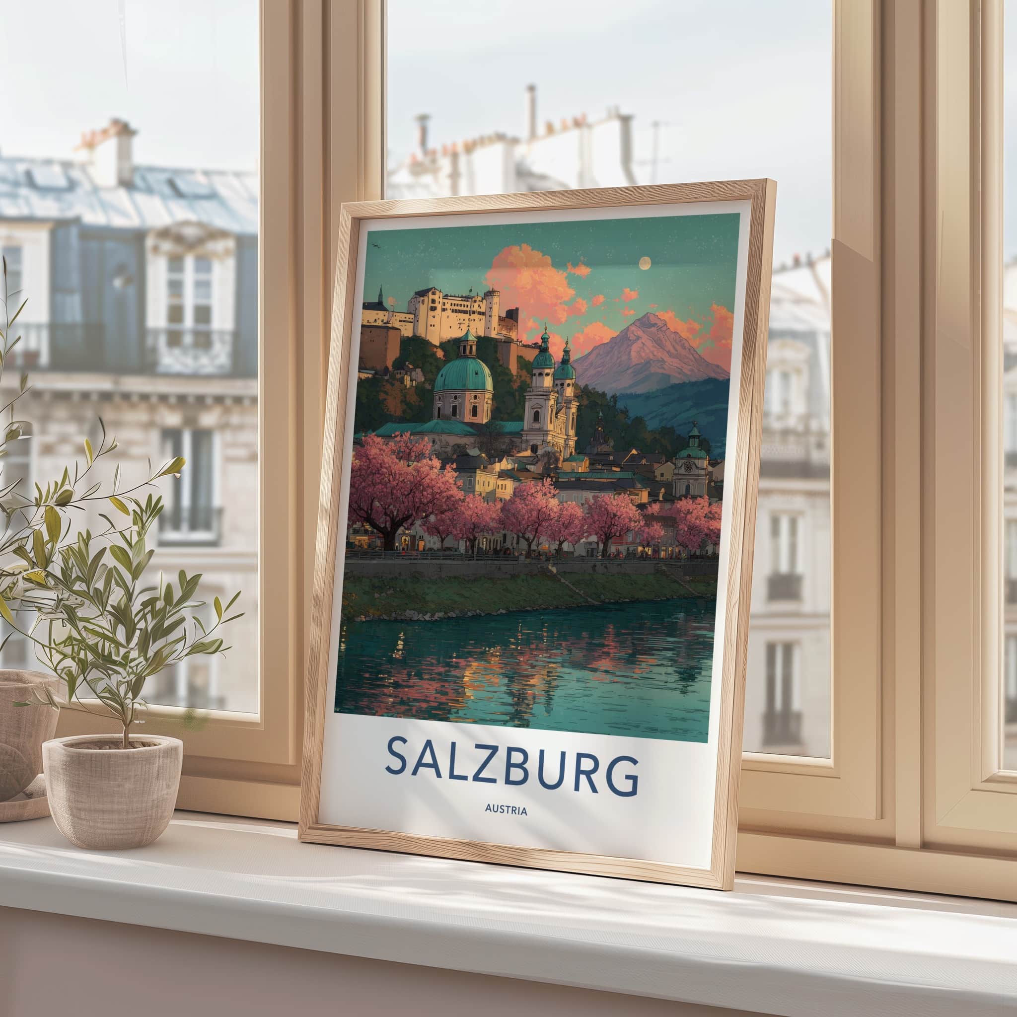 Salzburg Poster - Austria Travel Art - Riverside Cherry Blossoms Home Decor