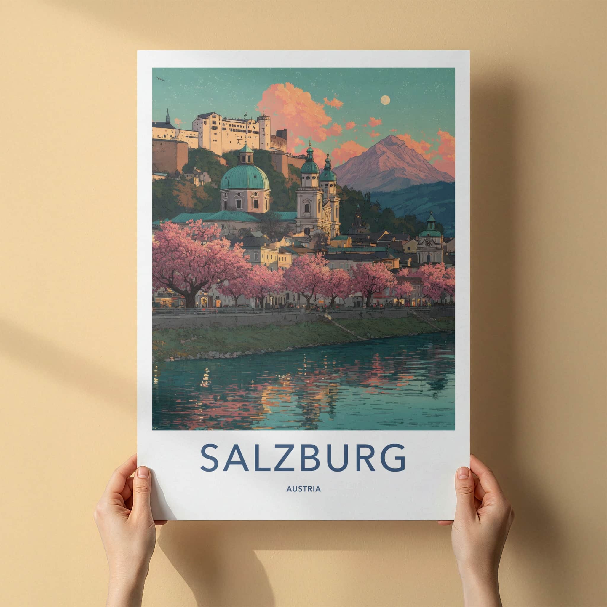 Salzburg Poster - Austria Travel Art - Riverside Cherry Blossoms Home Decor