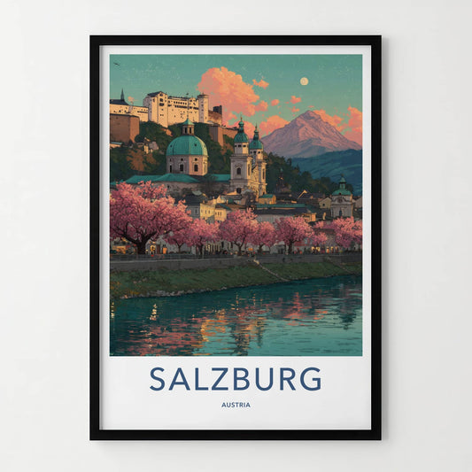 Salzburg Poster - Austria Travel Art - Riverside Cherry Blossoms Home Decor