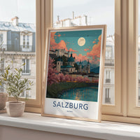 Salzburg Poster - Austria Travel Print - Moonlit Cityscape River Wall Decor
