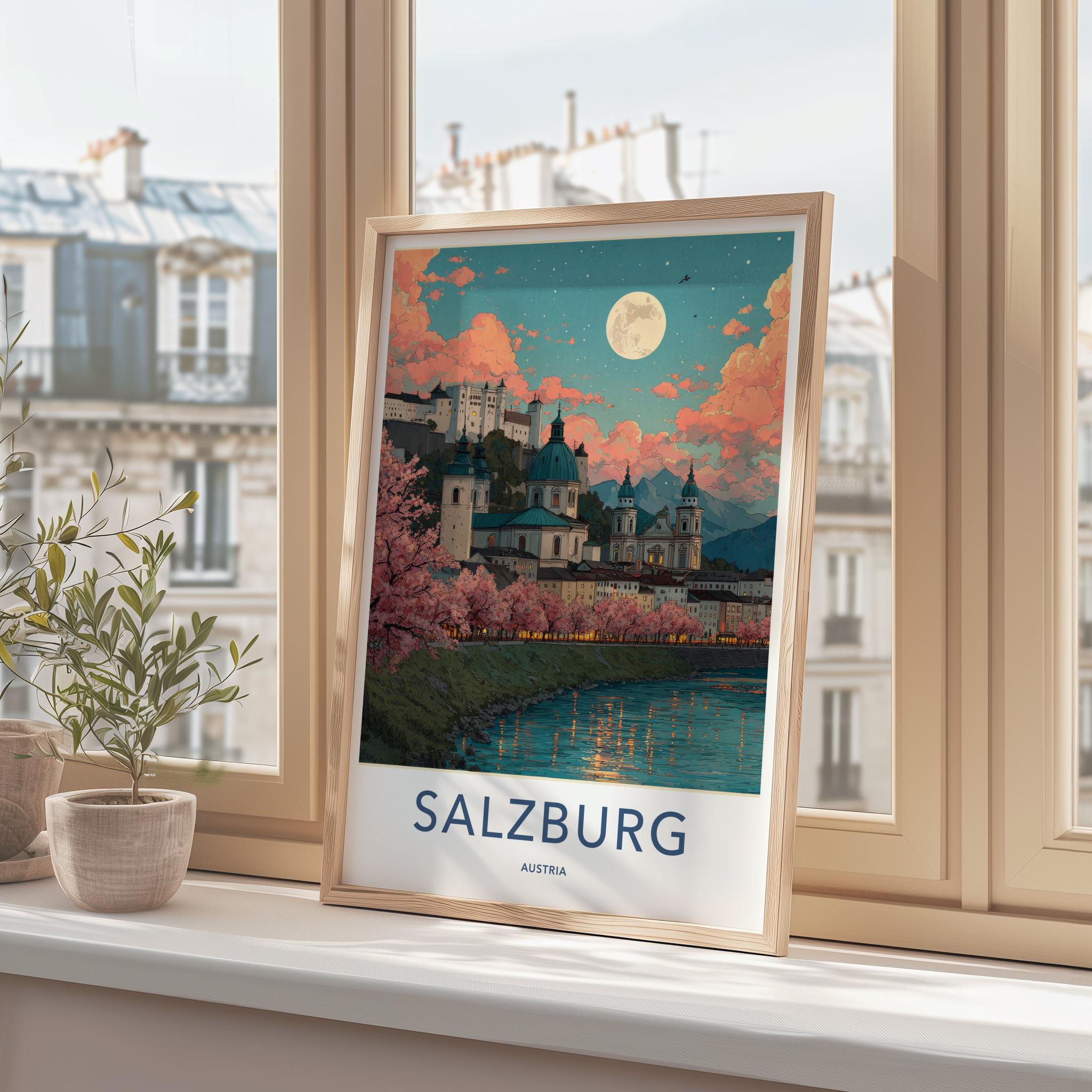 Salzburg Poster - Austria Travel Print - Moonlit Cityscape River Wall Decor