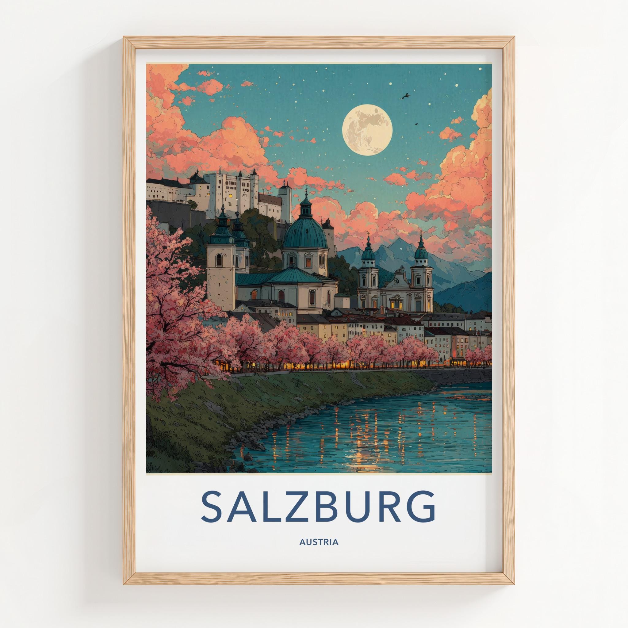 Salzburg Poster - Austria Travel Print - Moonlit Cityscape River Wall Decor