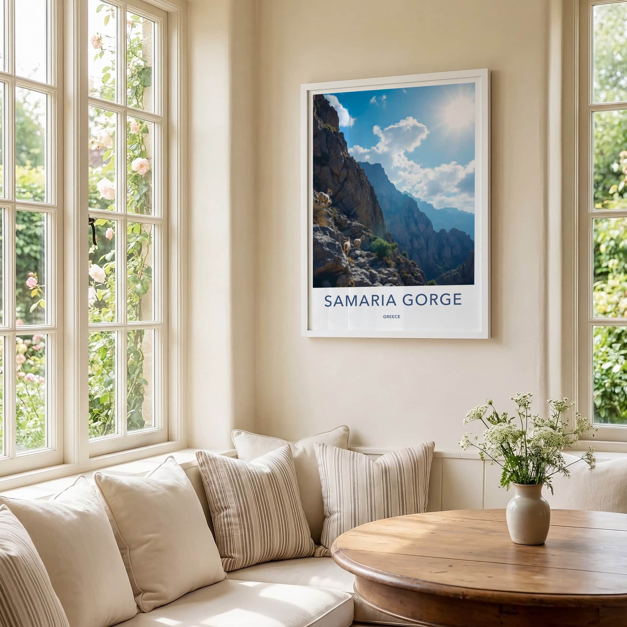 Samaria Gorge Poster - Greece Travel Print - Sunlit Mountain Goats Home Decor