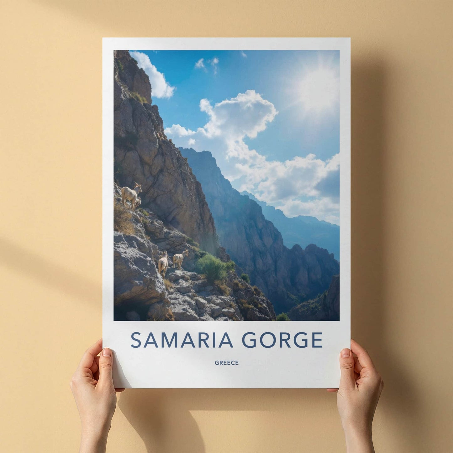 Samaria Gorge Poster - Greece Travel Print - Sunlit Mountain Goats Home Decor