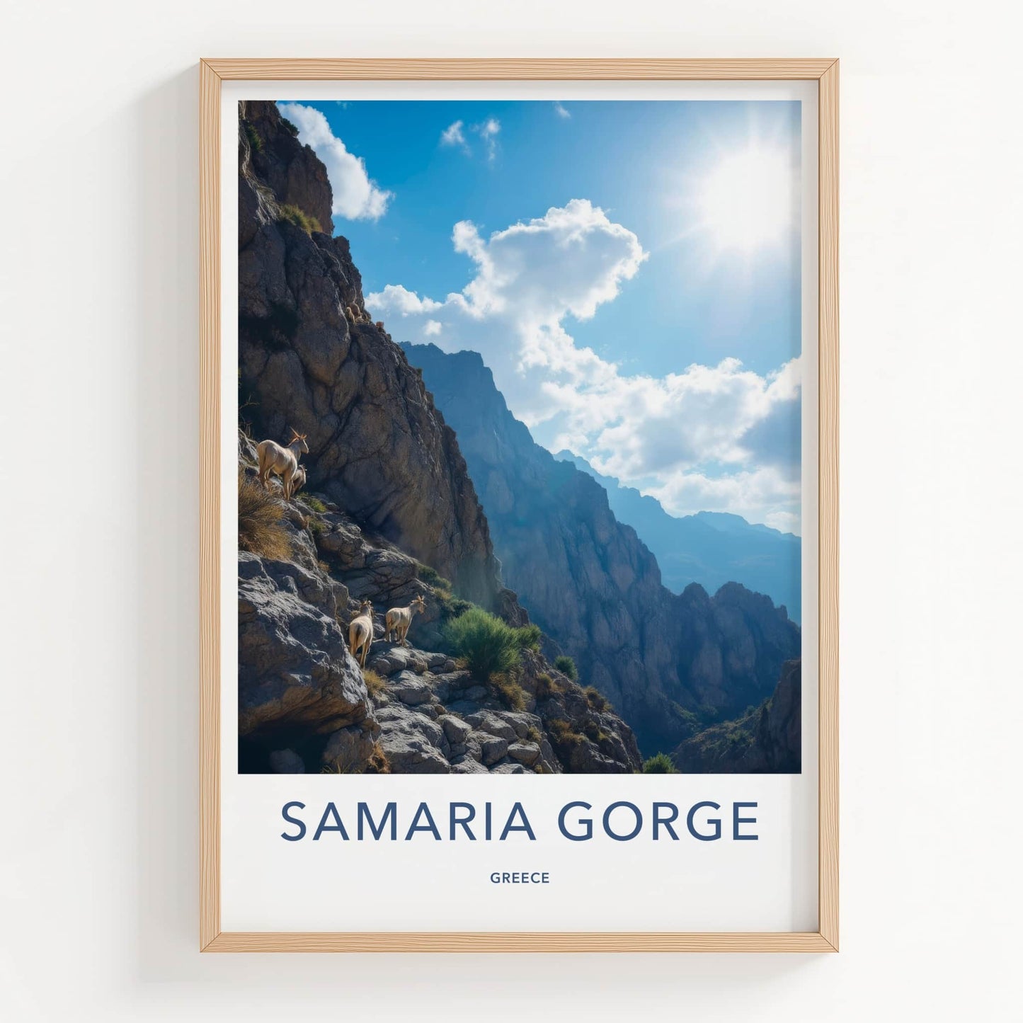 Samaria Gorge Poster - Greece Travel Print - Sunlit Mountain Goats Home Decor