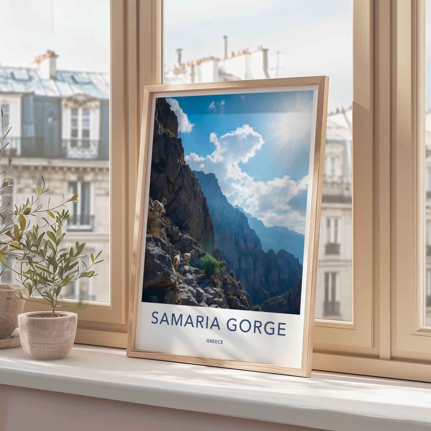 Samaria Gorge Poster - Greece Travel Print - Sunlit Mountain Goats Home Decor