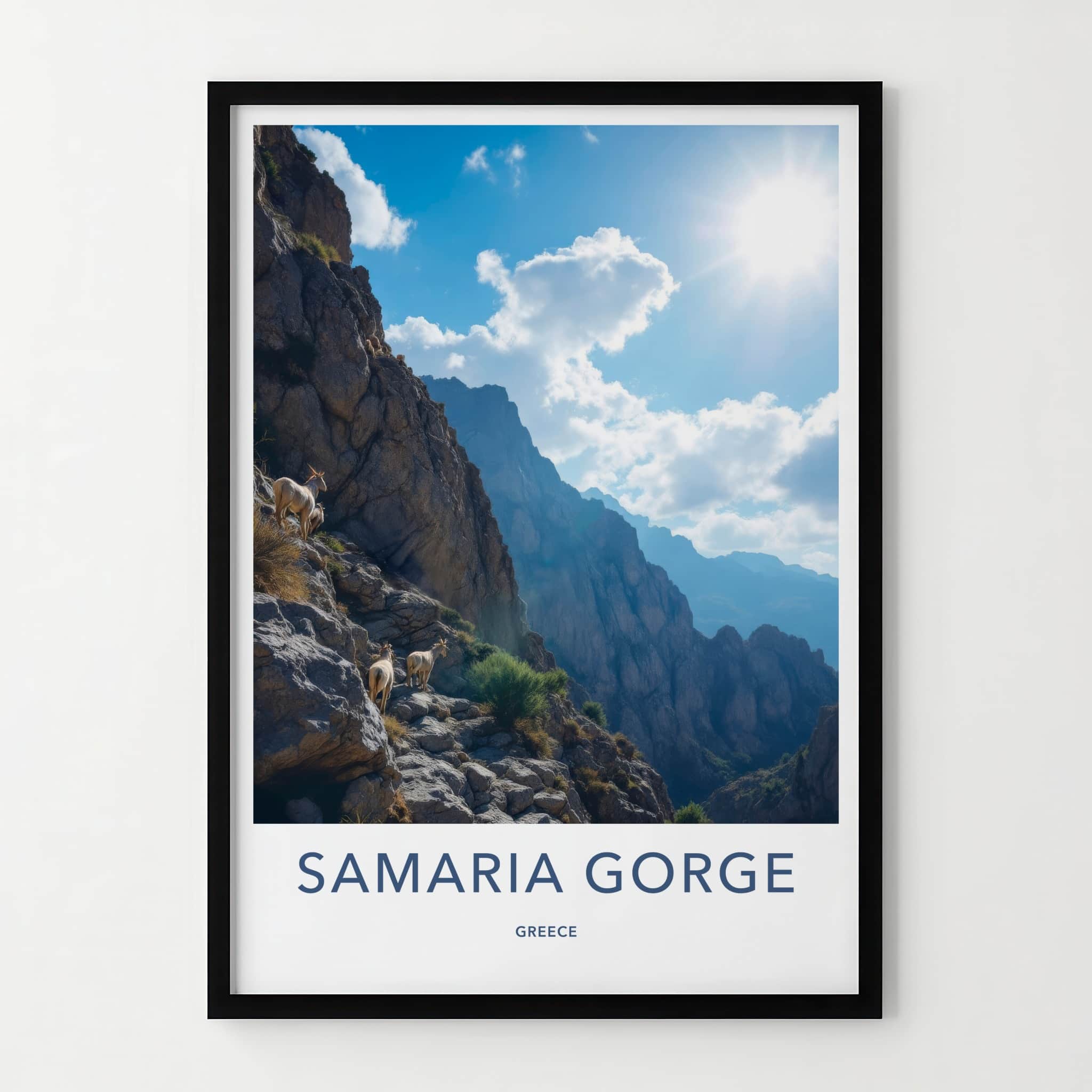 Samaria Gorge Poster - Greece Travel Print - Sunlit Mountain Goats Home Decor