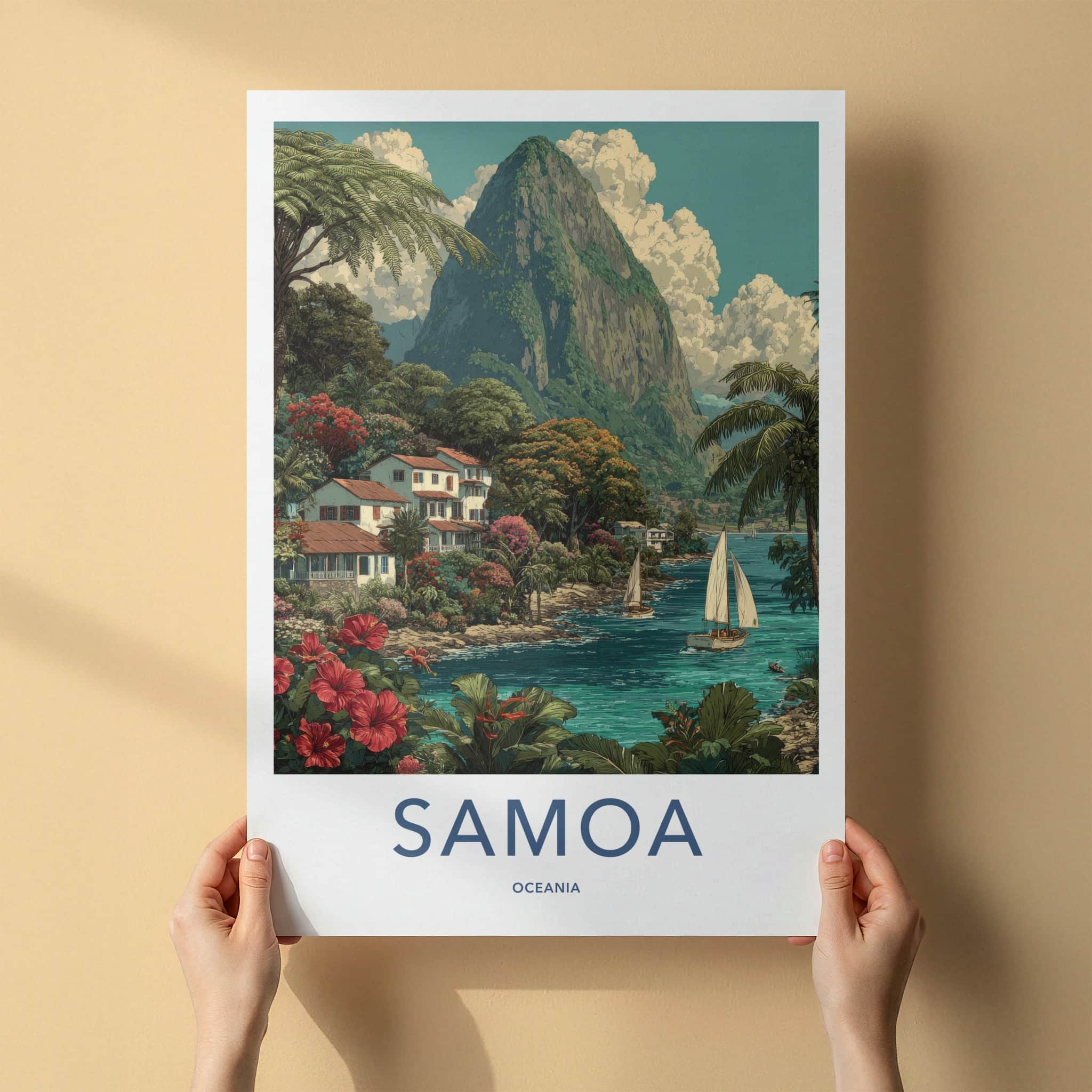 Samoa Poster - Samoa Travel Print - Hillside Fishing Village Home Decor