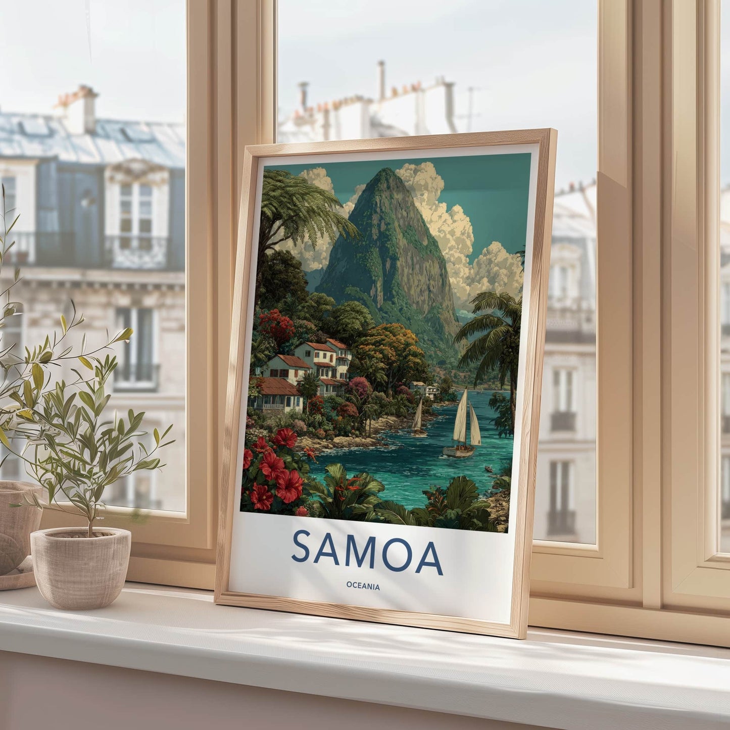 Samoa Poster - Samoa Travel Print - Hillside Fishing Village Home Decor