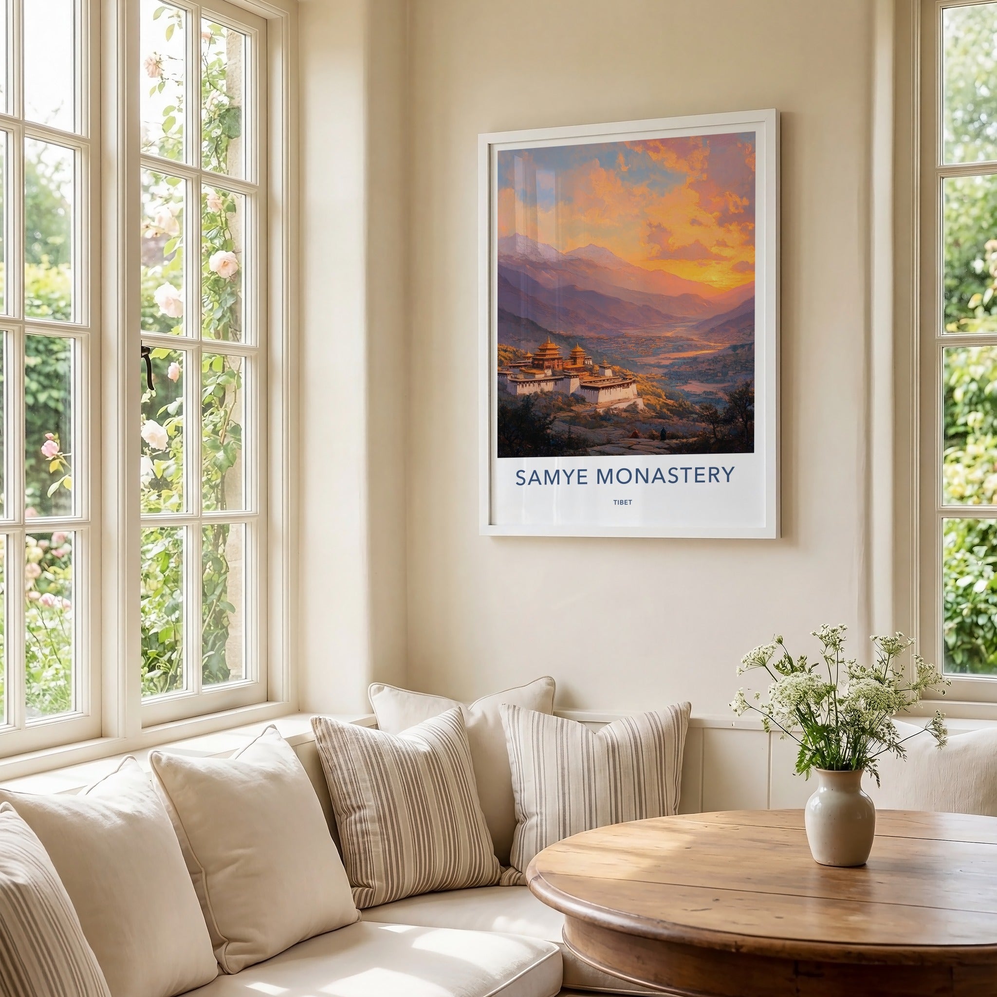 Samye Monastery Poster - Tibet Travel Art - Golden Monastery Valley Home Decor