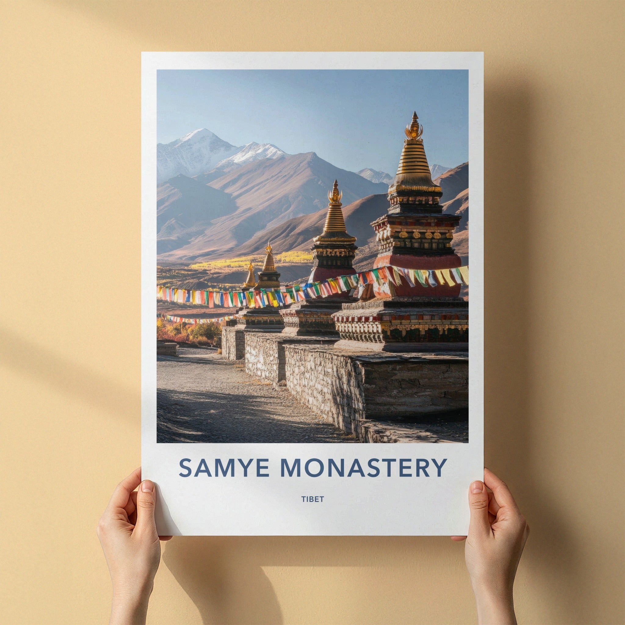 Samye Monastery Poster - Tibet Travel Art - Golden Stupas Flags Home Decor