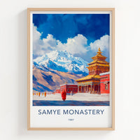 Samye Monastery Poster - Tibet Travel Art - Snowy Mountain Monks Wall Decor