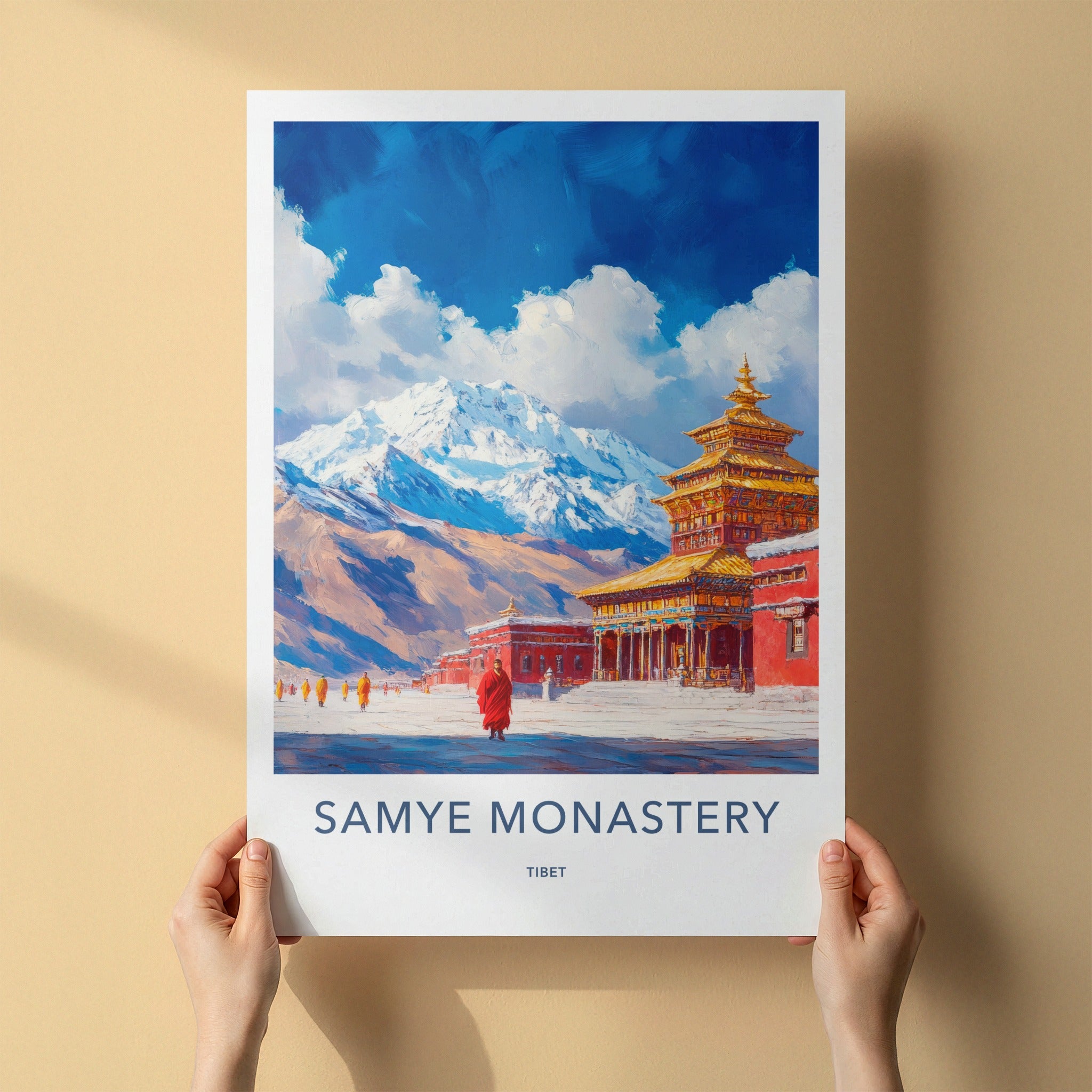 Samye Monastery Poster - Tibet Travel Art - Snowy Mountain Monks Wall Decor