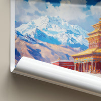 Samye Monastery Poster - Tibet Travel Art - Snowy Mountain Monks Wall Decor