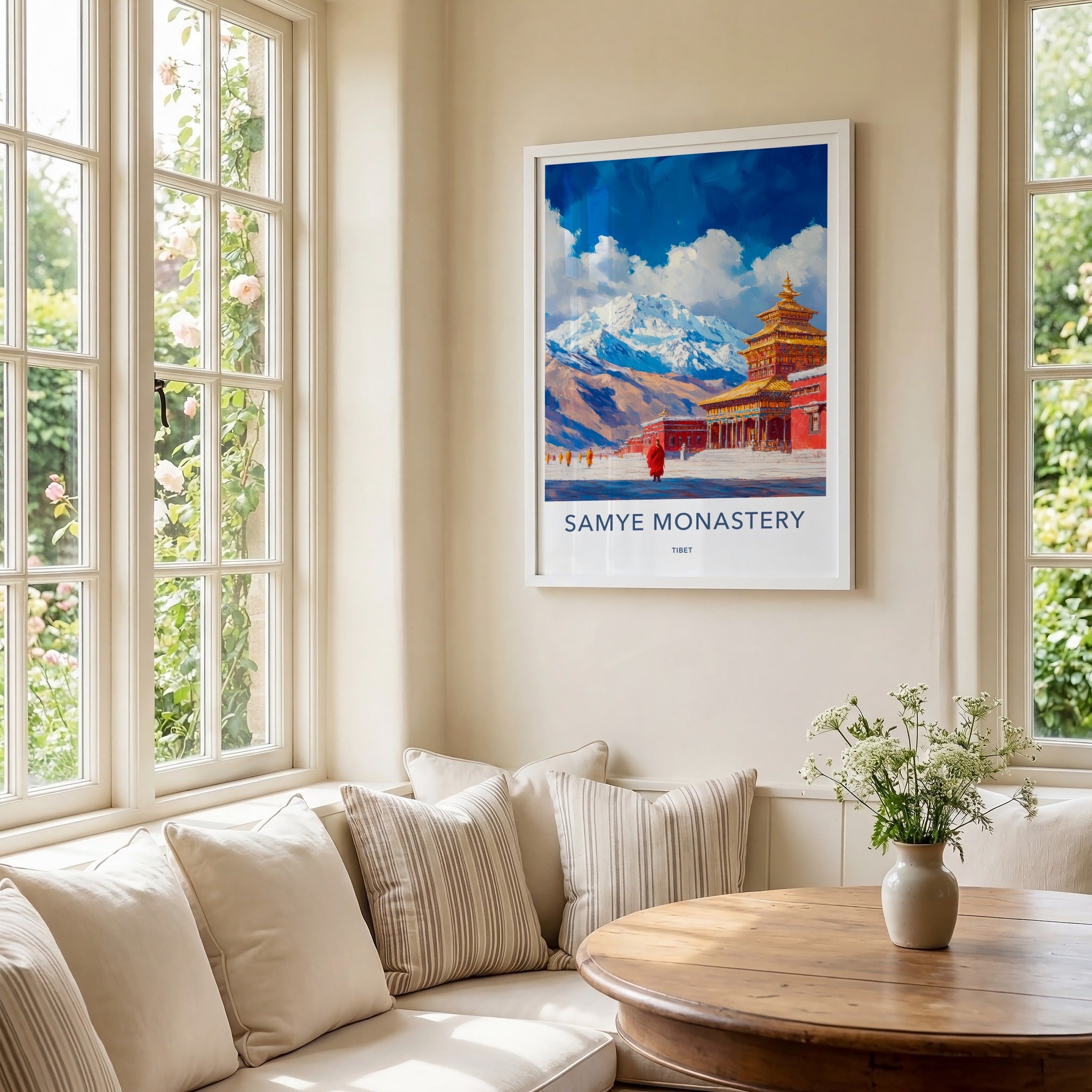 Samye Monastery Poster - Tibet Travel Art - Snowy Mountain Monks Wall Decor