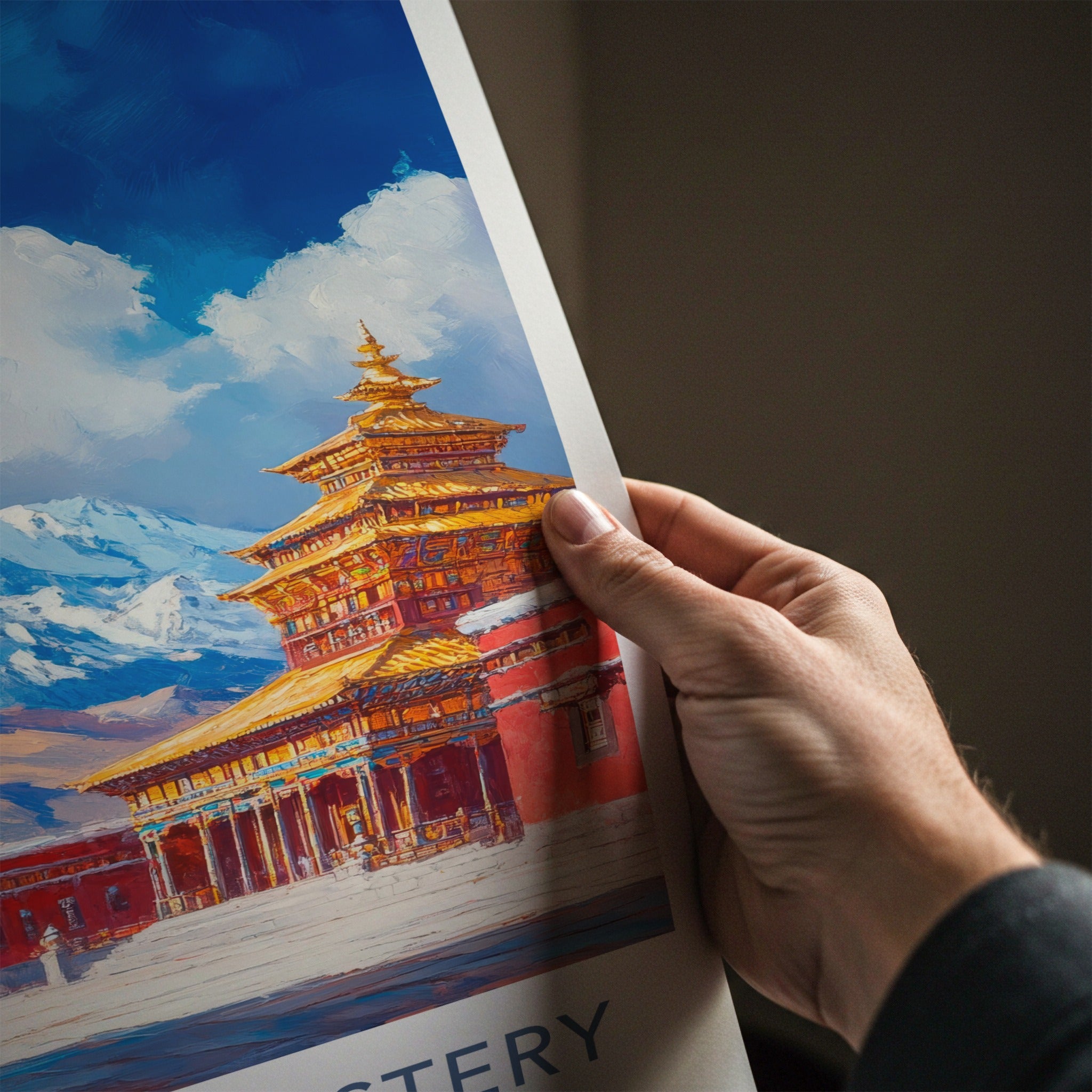 Samye Monastery Poster - Tibet Travel Art - Snowy Mountain Monks Wall Decor
