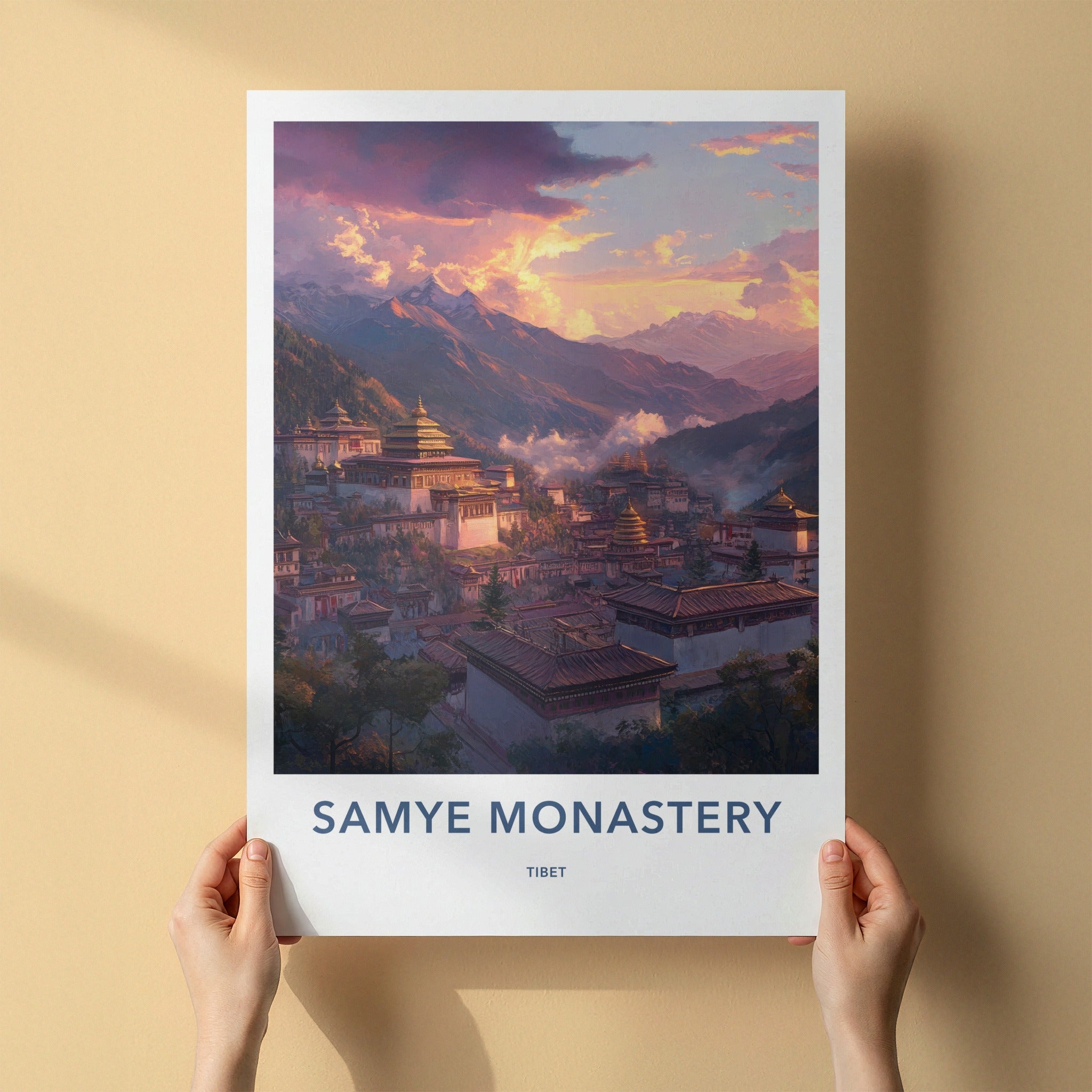 Samye Monastery Poster - Tibet Travel Art - Sunset Mountain Monastery Home Decor