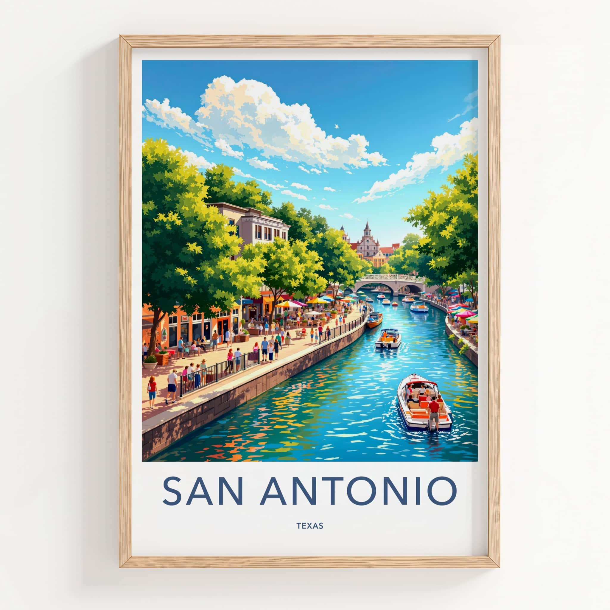 San Antonio Poster - Texas Travel Art - Bustling Riverwalk Scene Wall Decor