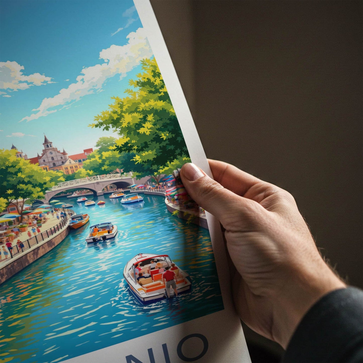 San Antonio Poster - Texas Travel Art - Bustling Riverwalk Scene Wall Decor