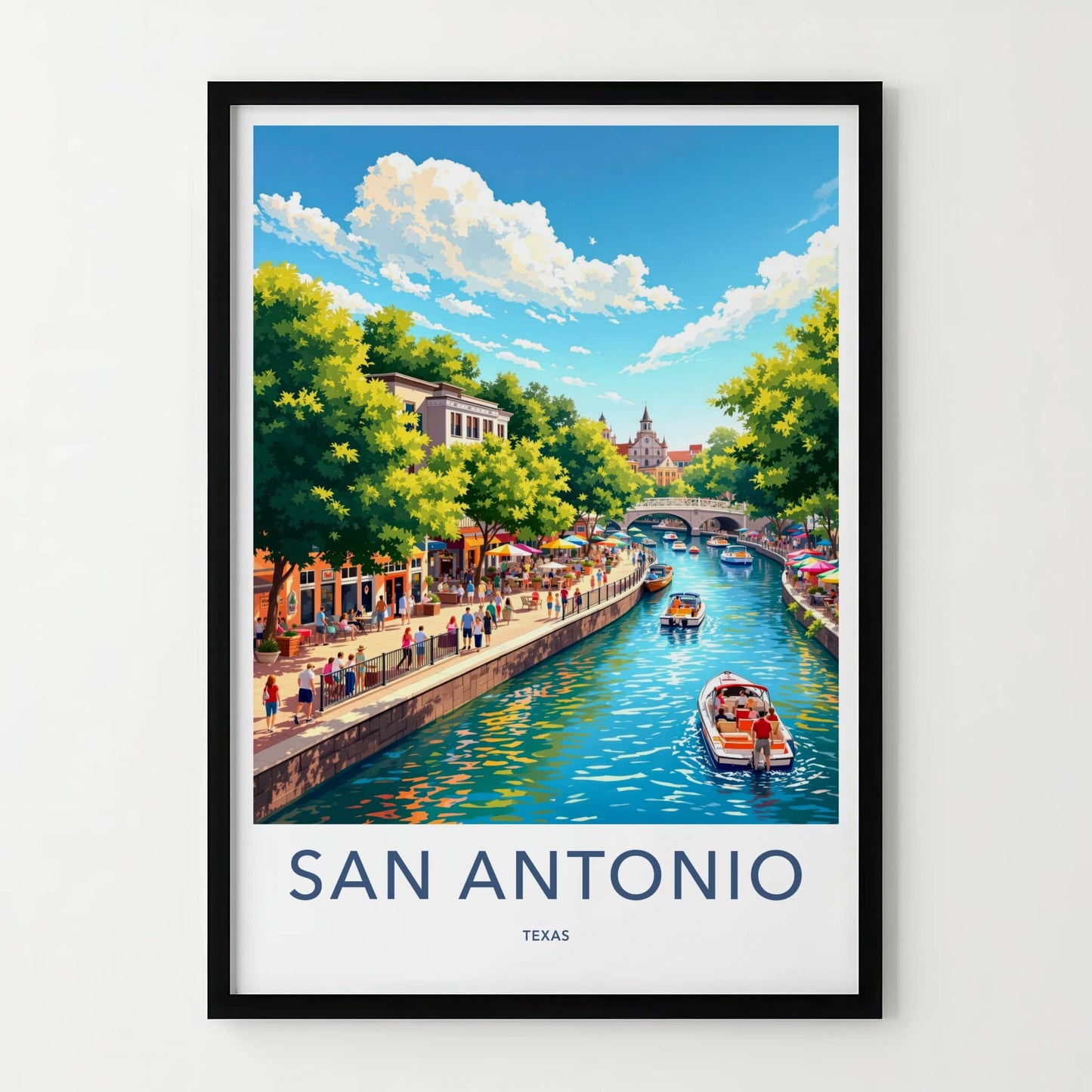 San Antonio Poster - Texas Travel Art - Bustling Riverwalk Scene Wall Decor