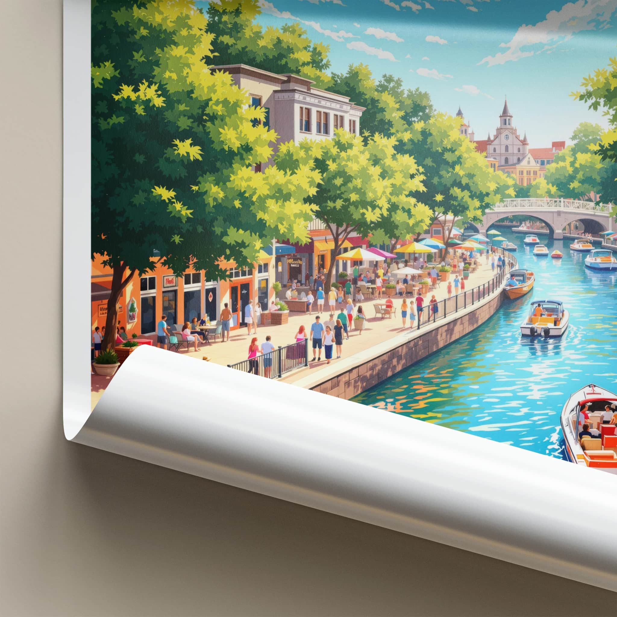 San Antonio Poster - Texas Travel Art - Bustling Riverwalk Scene Wall Decor