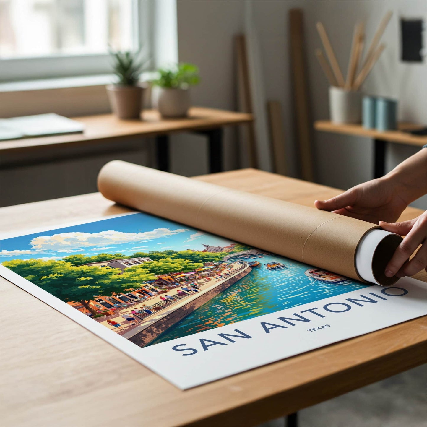 San Antonio Poster - Texas Travel Art - Bustling Riverwalk Scene Wall Decor