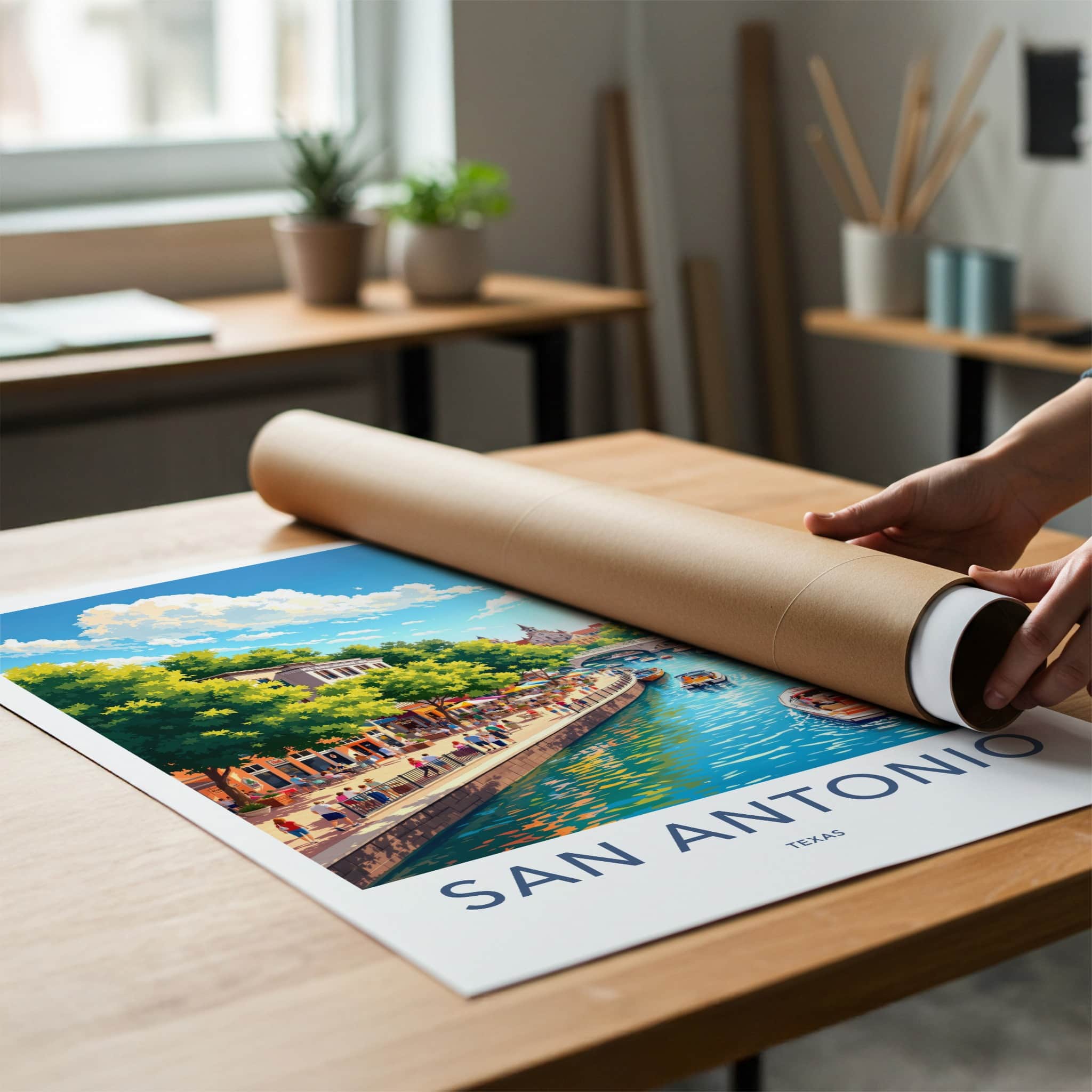 San Antonio Poster - Texas Travel Art - Bustling Riverwalk Scene Wall Decor