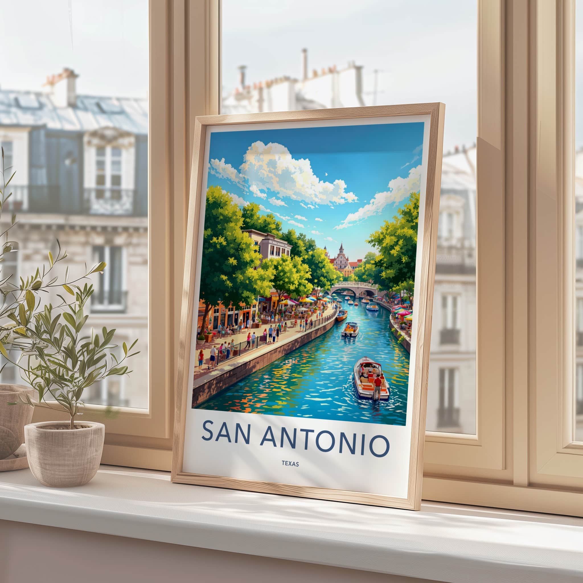 San Antonio Poster - Texas Travel Art - Bustling Riverwalk Scene Wall Decor