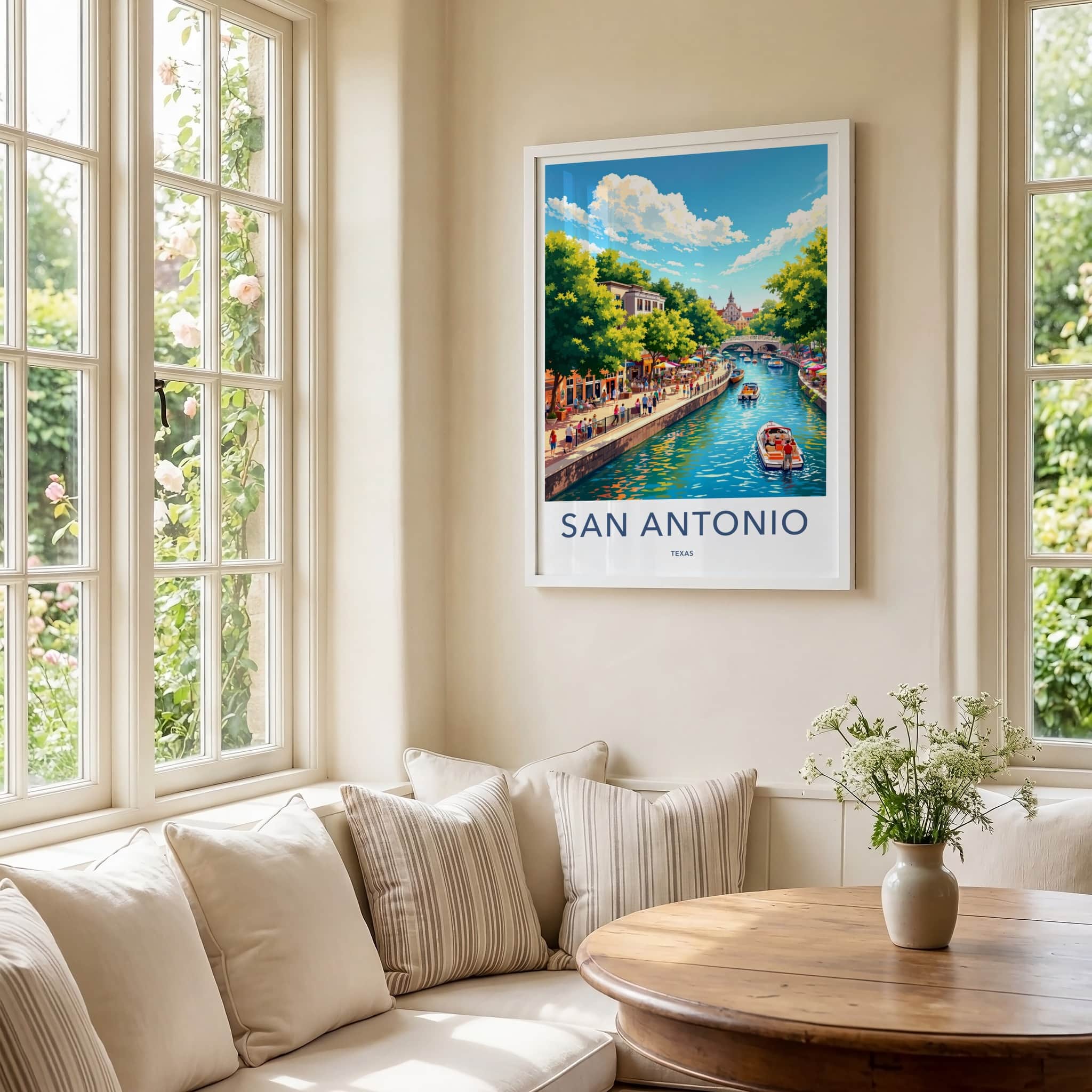 San Antonio Poster - Texas Travel Art - Bustling Riverwalk Scene Wall Decor