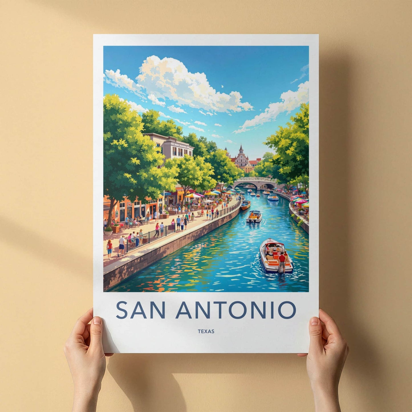 San Antonio Poster - Texas Travel Art - Bustling Riverwalk Scene Wall Decor