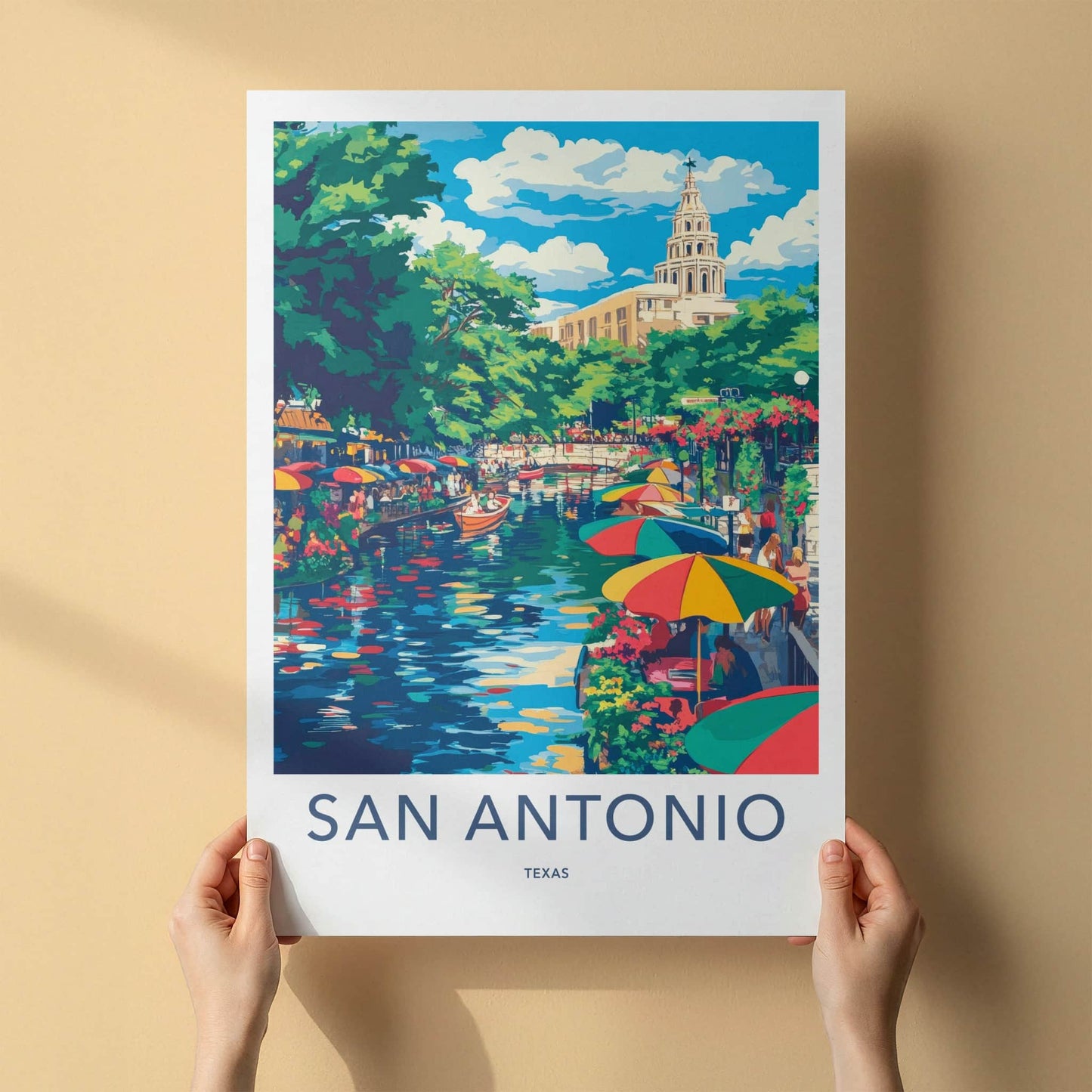 San Antonio Poster - Texas Travel Art - Colorful Riverwalk Boats Home Decor