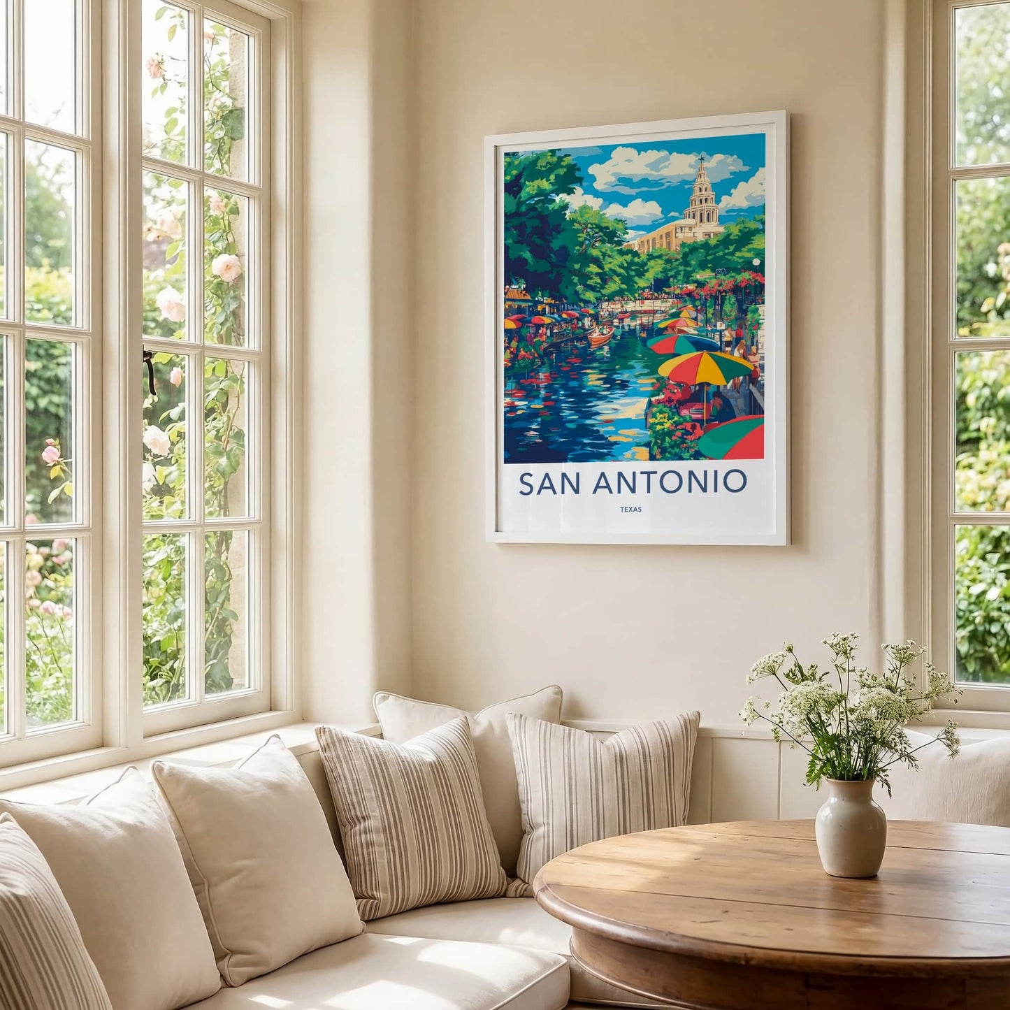 San Antonio Poster - Texas Travel Art - Colorful Riverwalk Boats Home Decor