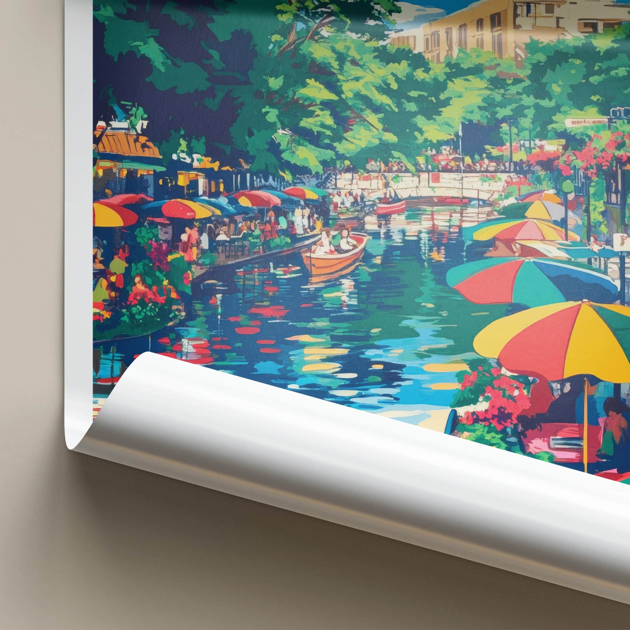 San Antonio Poster - Texas Travel Art - Colorful Riverwalk Boats Home Decor