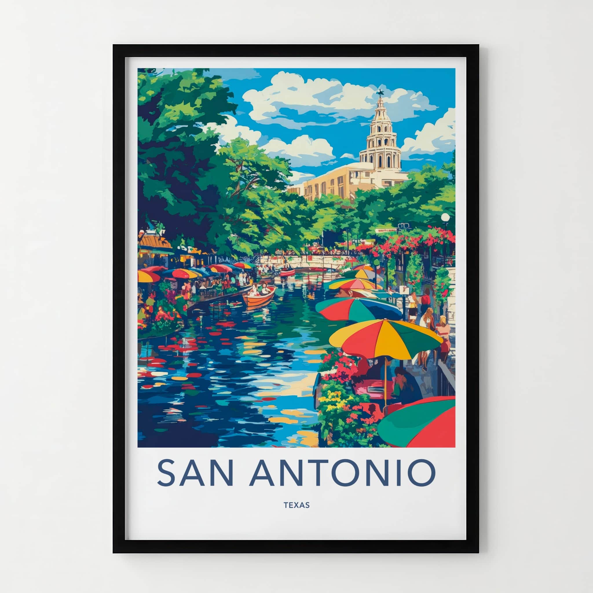 San Antonio Poster - Texas Travel Art - Colorful Riverwalk Boats Home Decor