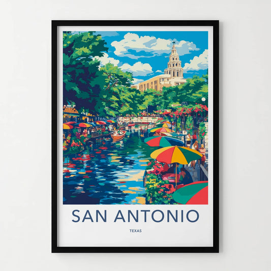 San Antonio Poster - Texas Travel Art - Colorful Riverwalk Boats Home Decor